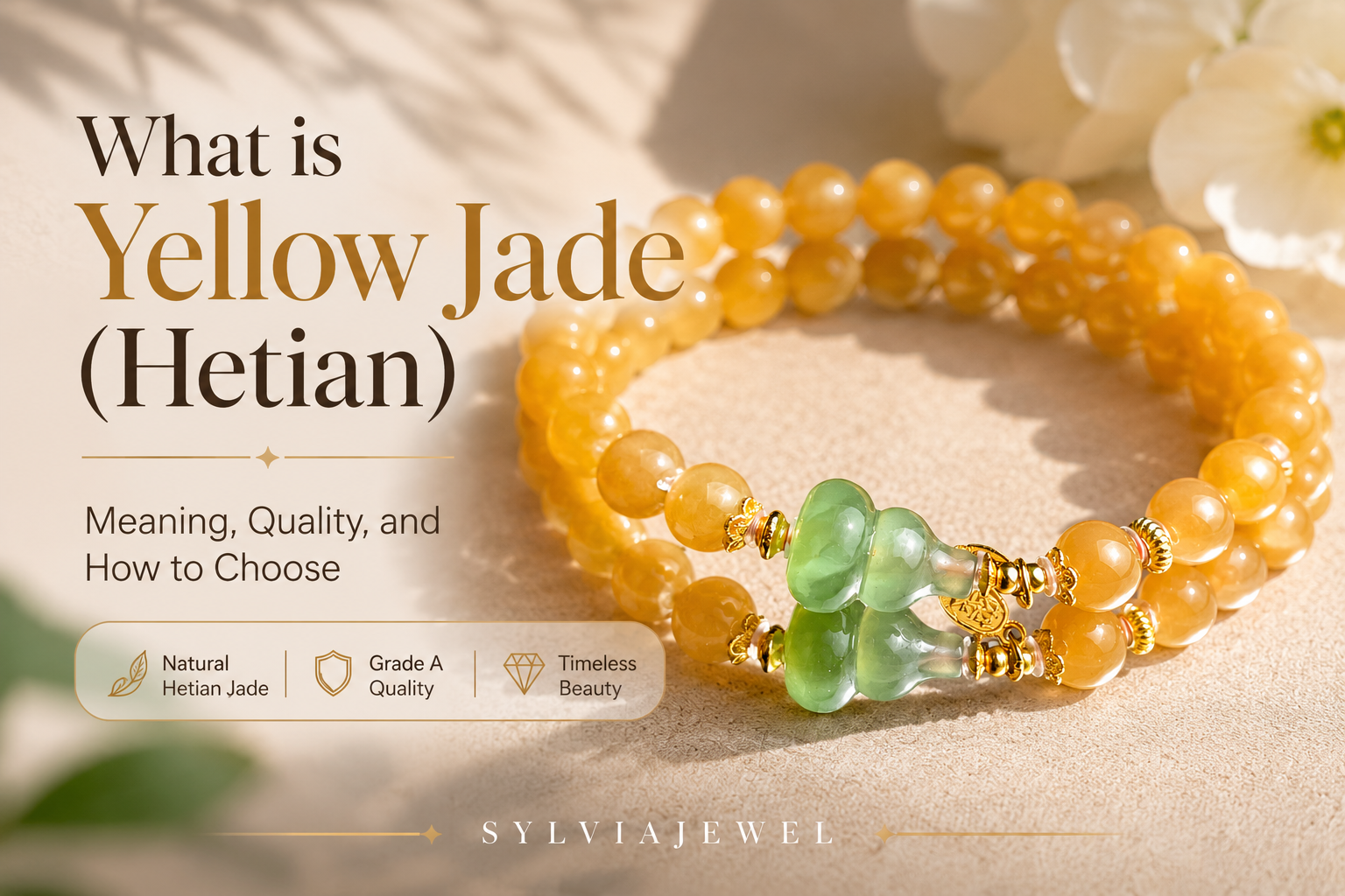 Yellow Hetian jade bracelet with green jade gourd pendant and gold accents, natural jade jewelry by SylviaJewel