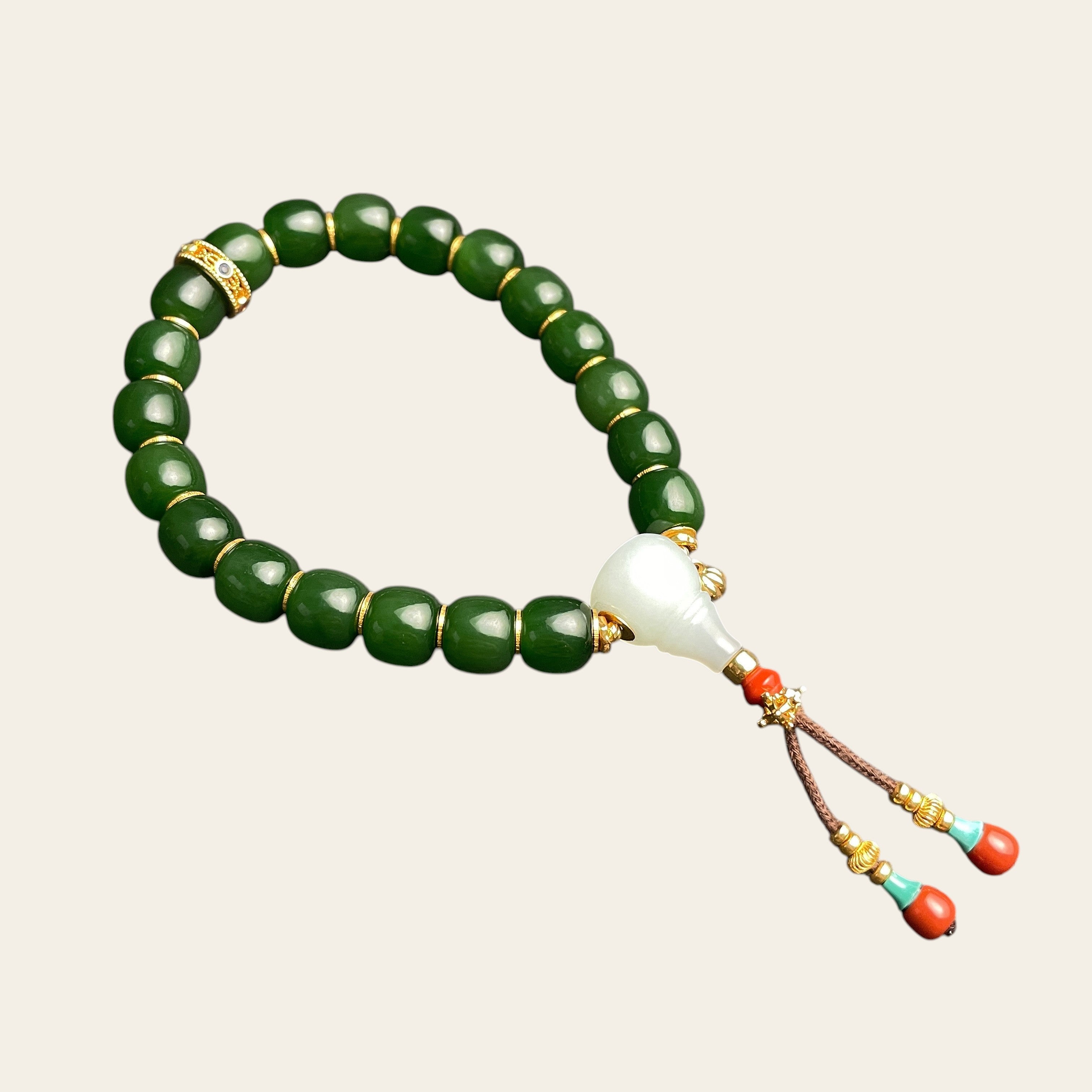 Imperial Harmony – Spinach Green Hetian Nephrite Bracelet with Mutton-Fat White HetianJade San-Tong | 18k Gold