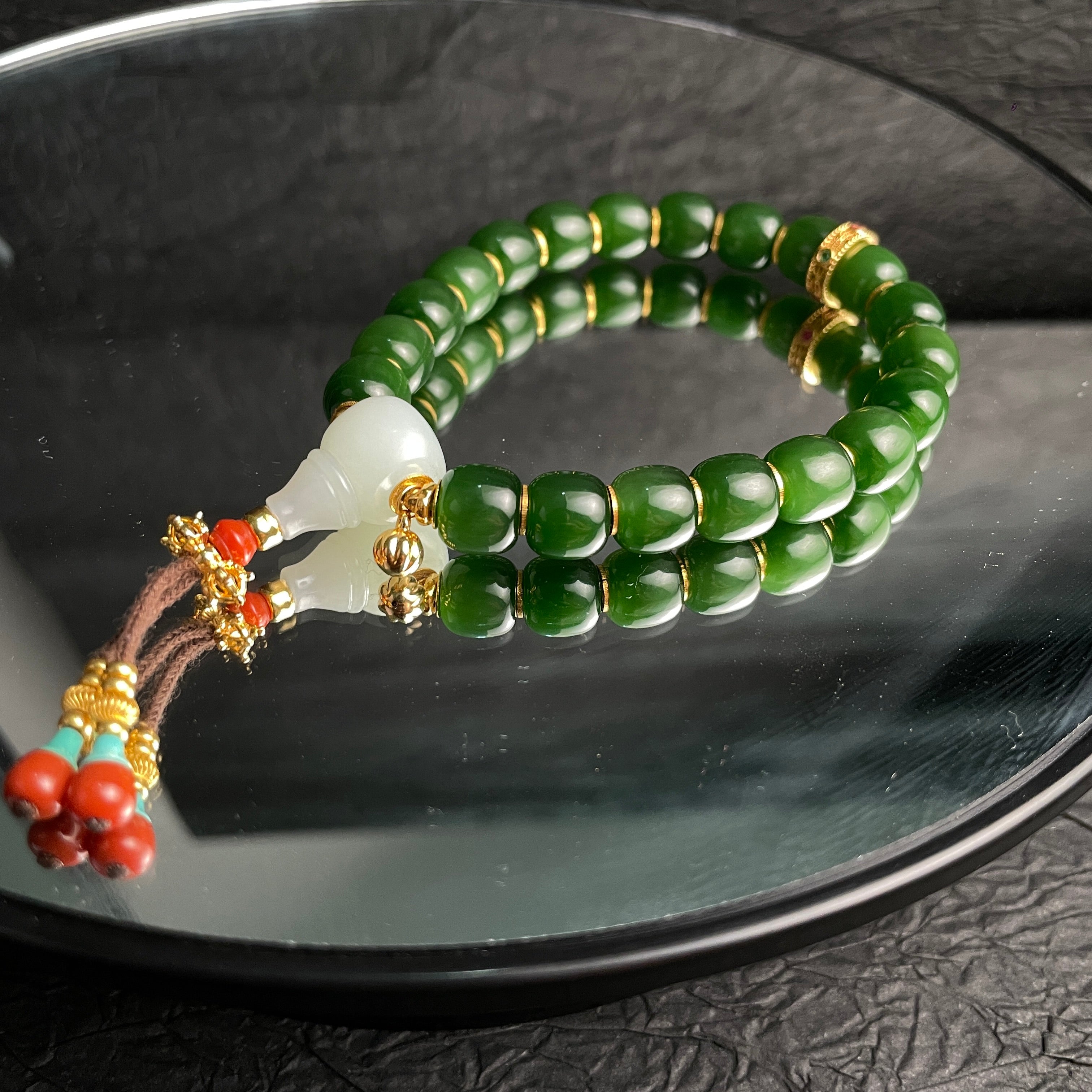 Imperial Harmony – Spinach Green Hetian Nephrite Bracelet with Mutton-Fat White HetianJade San-Tong | 18k Gold