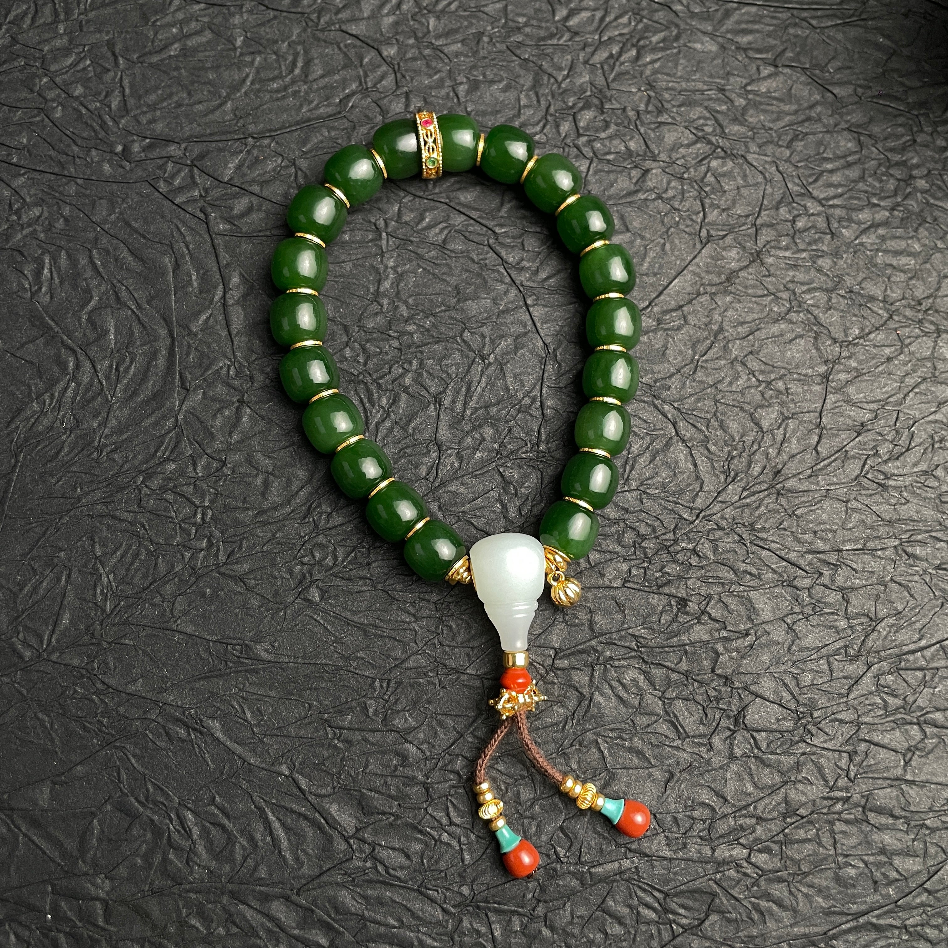 Imperial Harmony – Spinach Green Hetian Nephrite Bracelet with Mutton-Fat White HetianJade San-Tong | 18k Gold