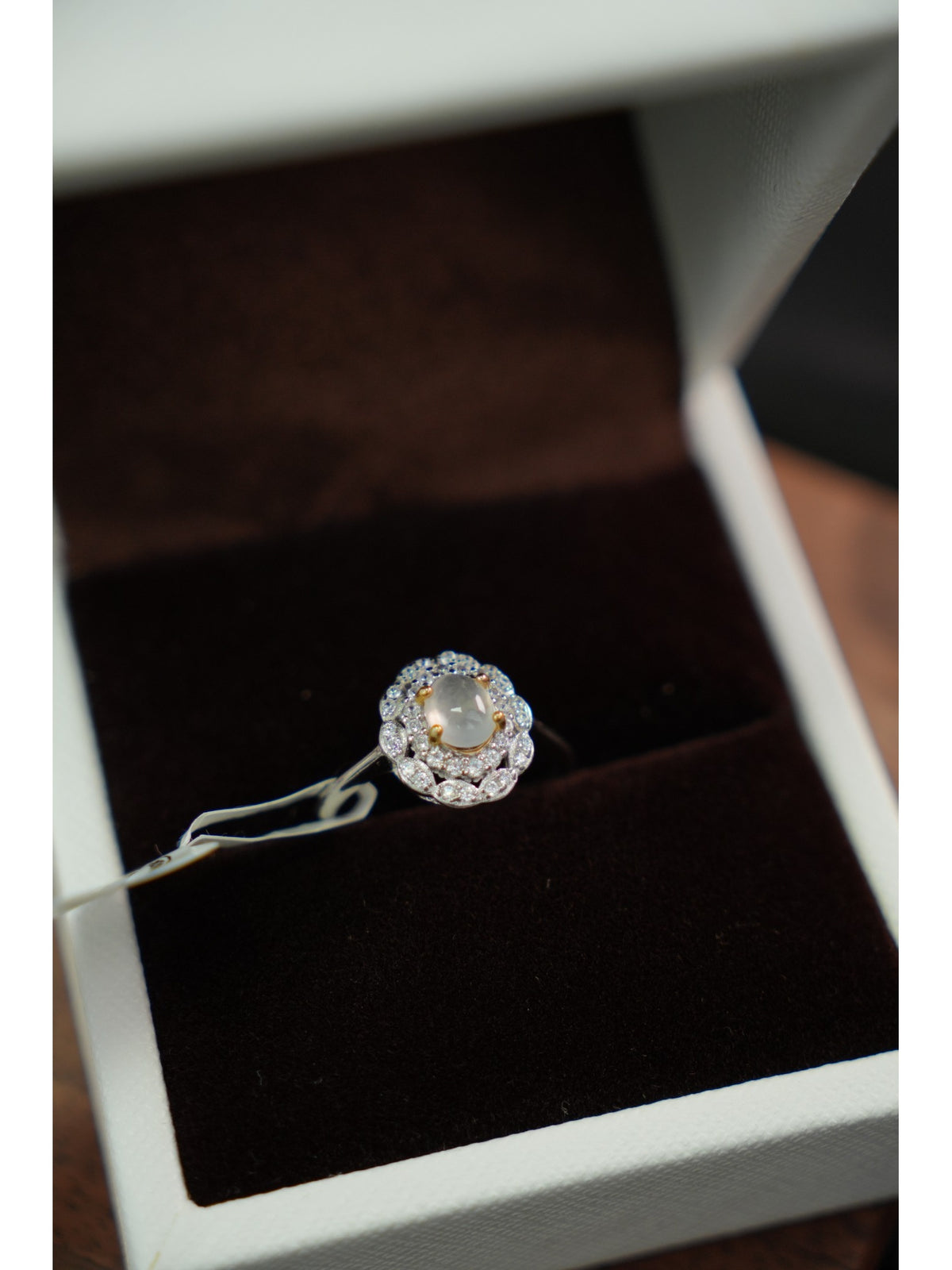 Pale jadeite ring floral halo in box