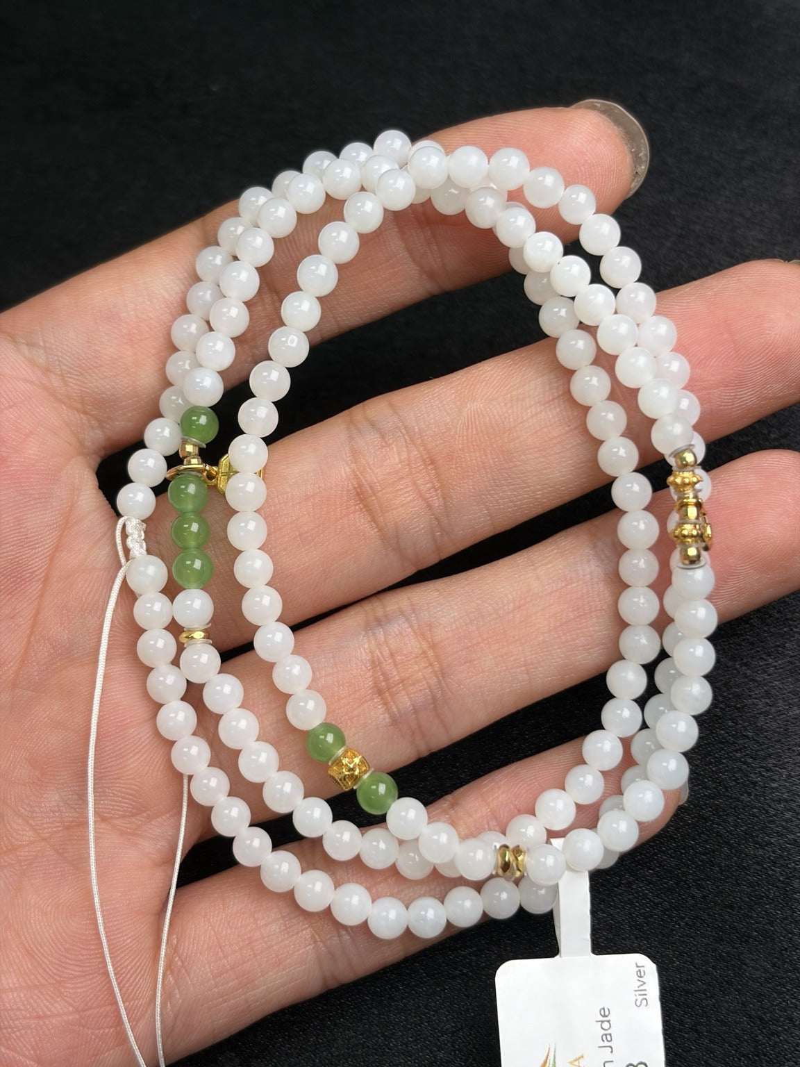 4 mm white Hetian nephrite jade necklace with green Hetian nephrite jade accents and gold-plated silver fittings, P2604029996