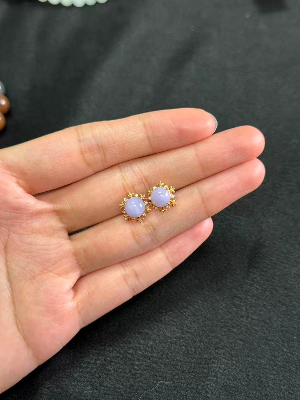 Natural lavender jadeite jade stud earrings set in 18K gold