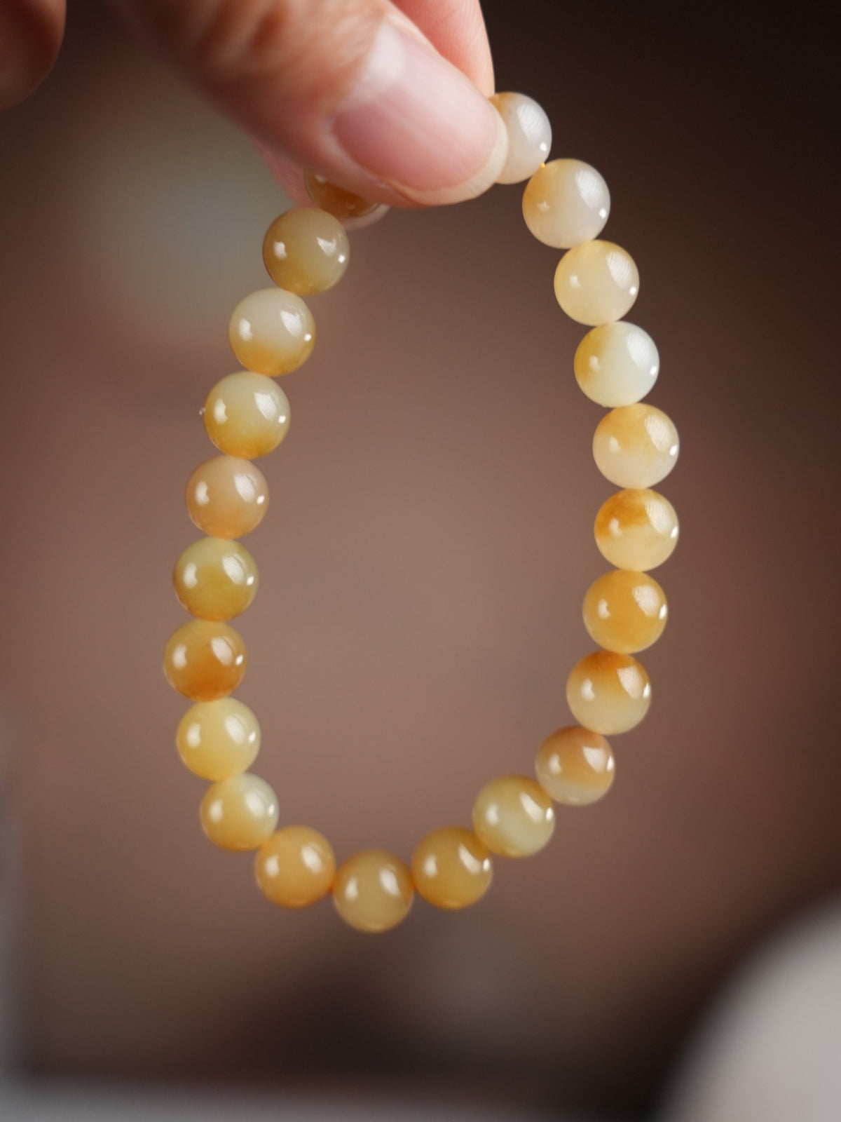 Honey-yellow and cream Hetian nephrite jade 8 mm bead bracelet, DSC00280