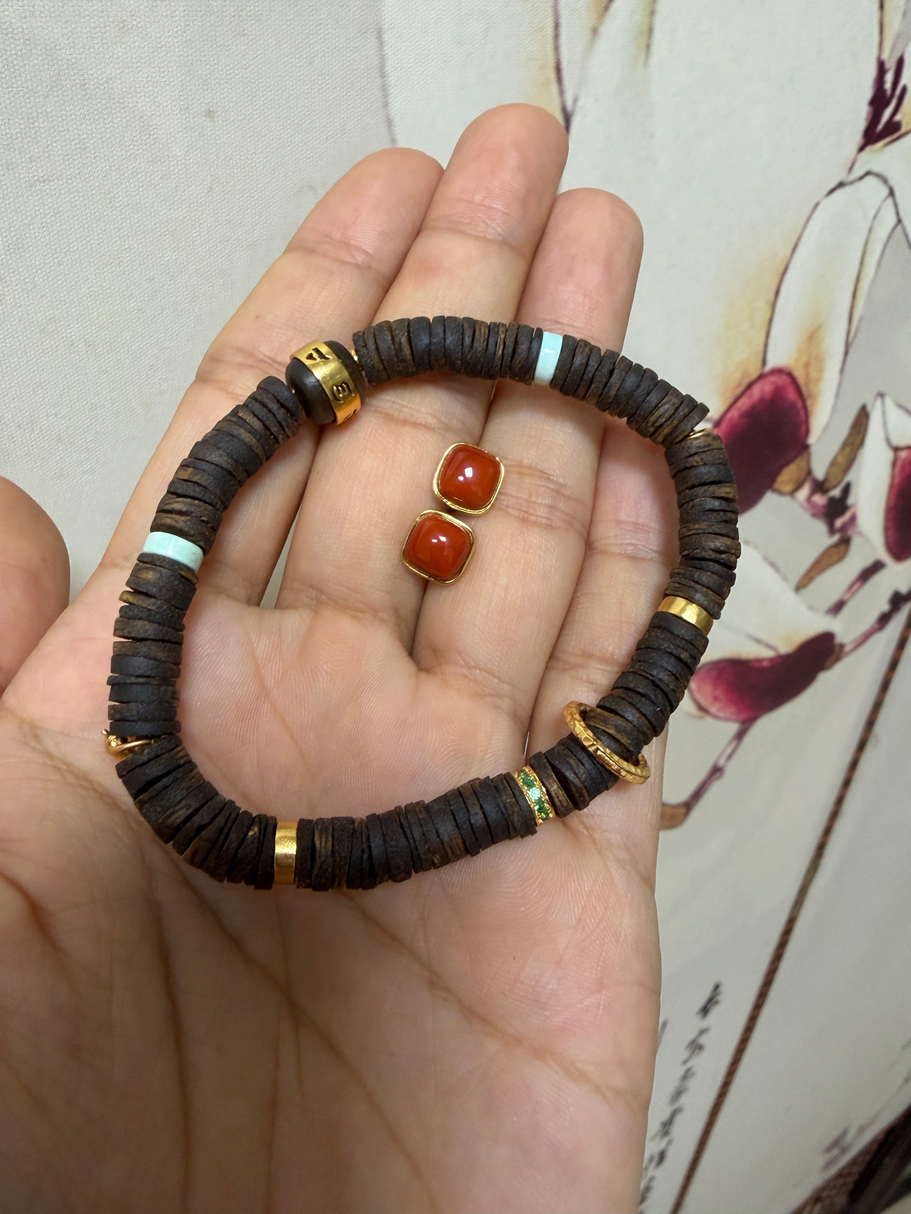 Agarwood Bead Bracelet and Nanhong Stud Earrings Set
