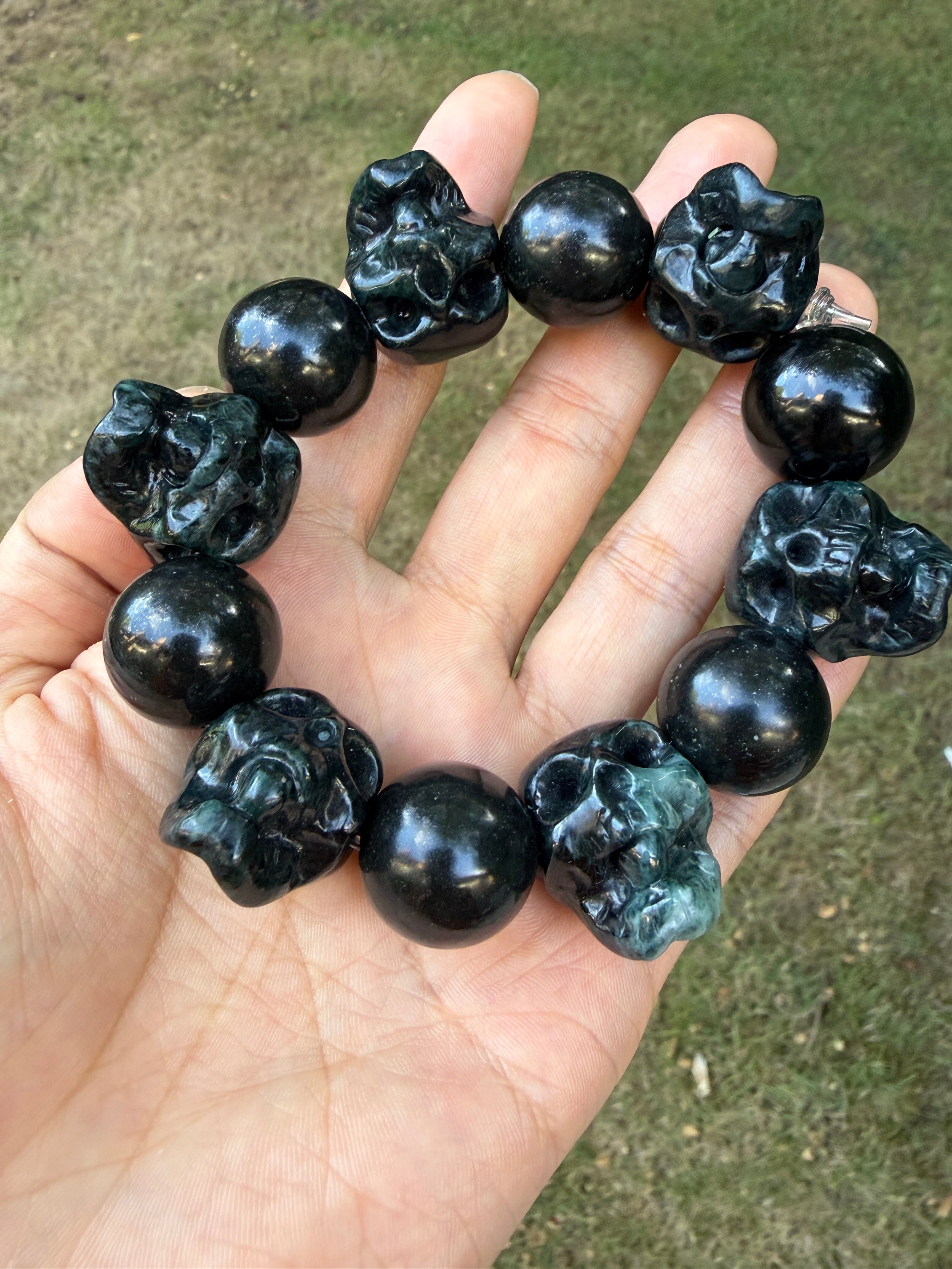 Black Jadeite Skull Bead Bracelet | Carved Jade