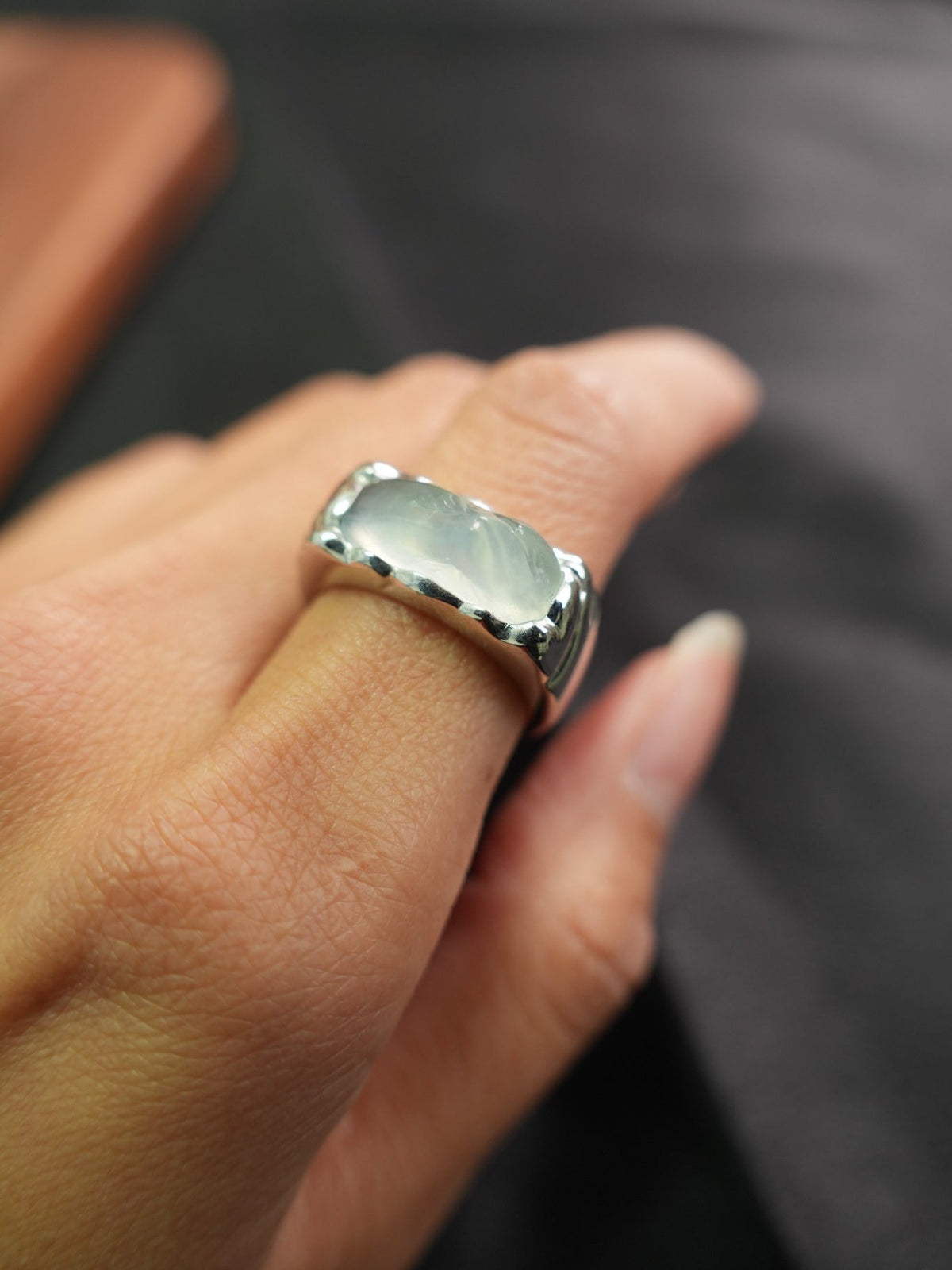 Pale green jadeite silver ring US 7, view 5