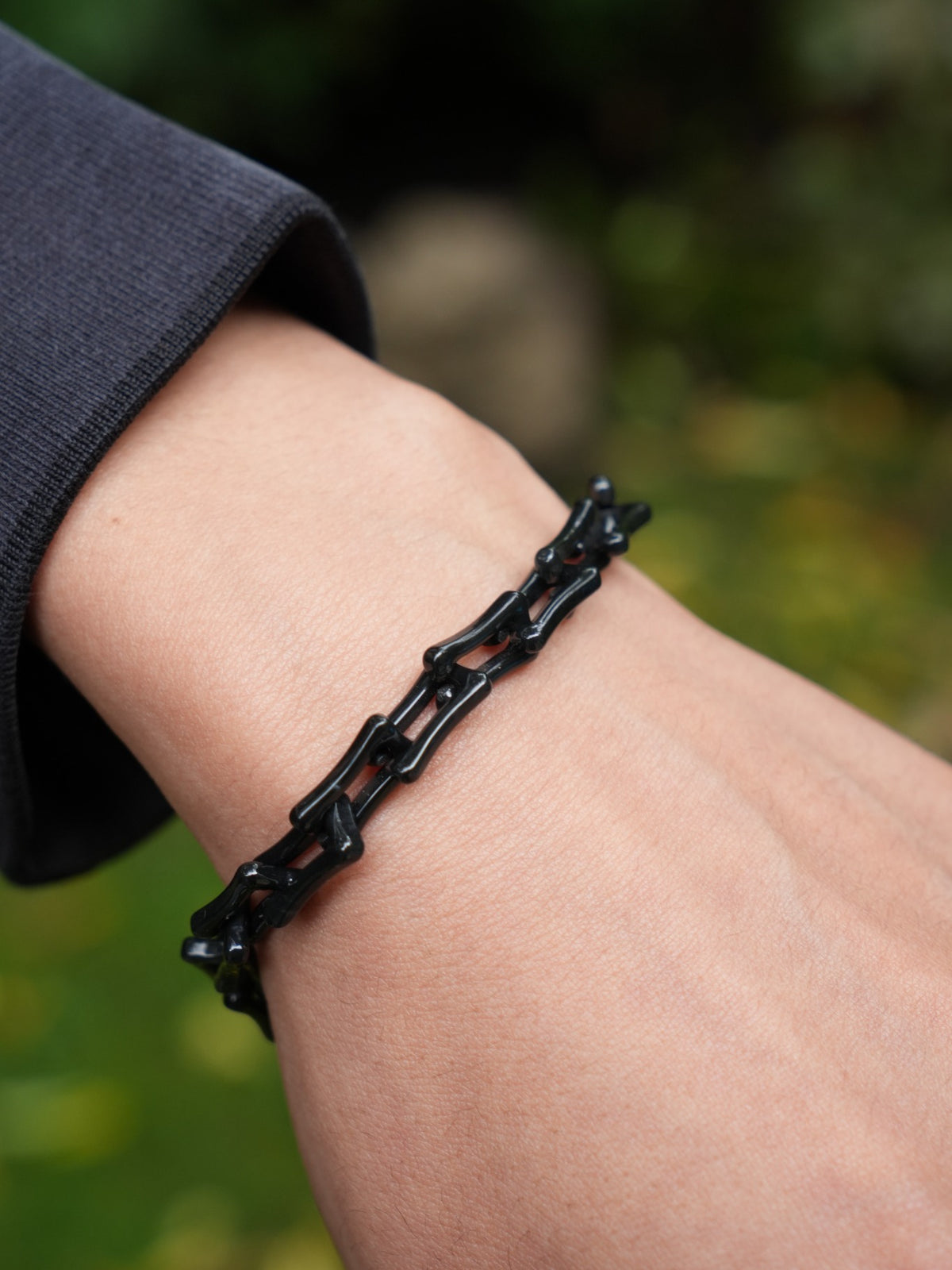 P2609001919 dark Type A jadeite carved link bracelet with stainless steel connectors