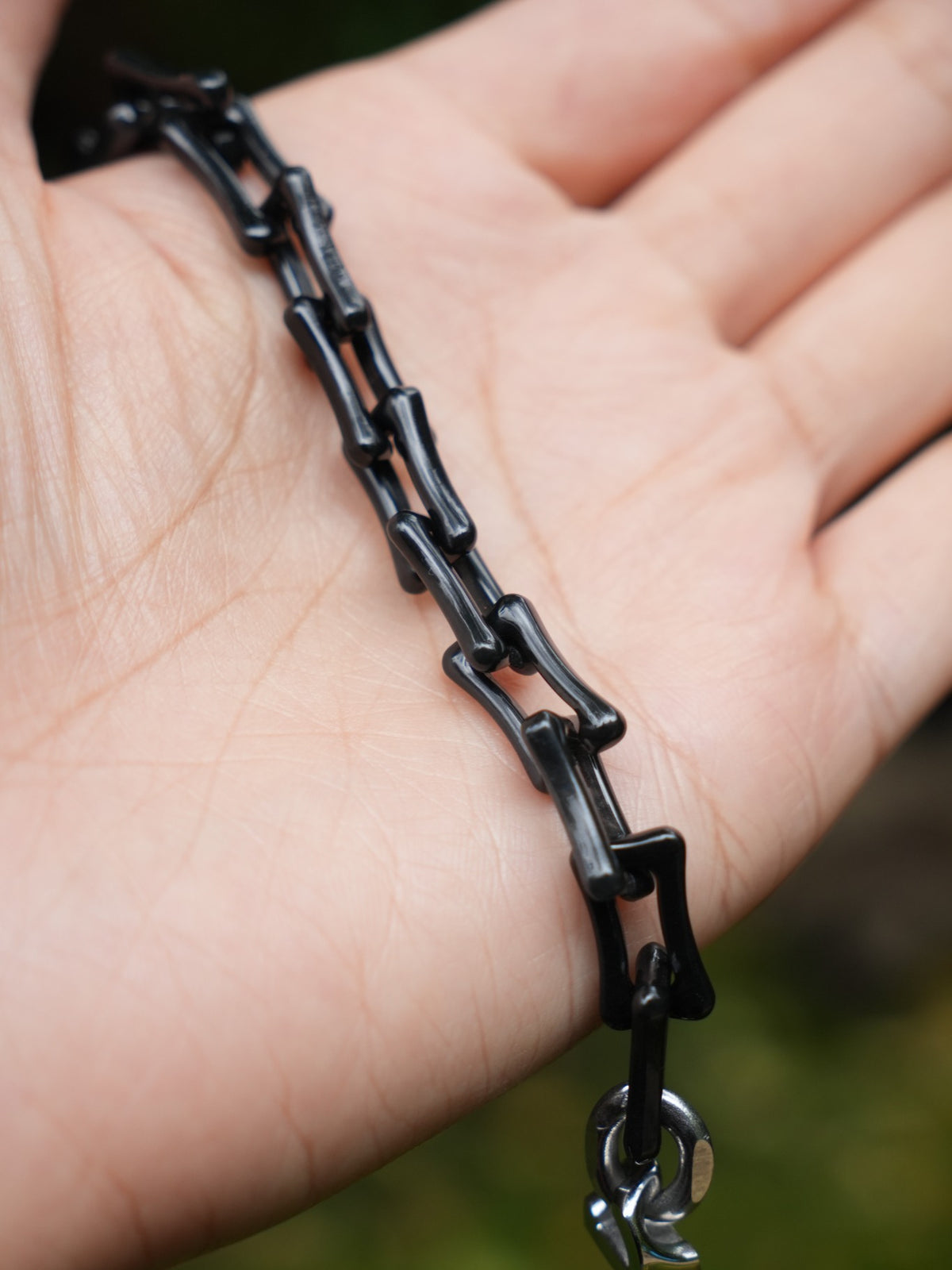 P2609001919 dark Type A jadeite carved link bracelet with stainless steel connectors