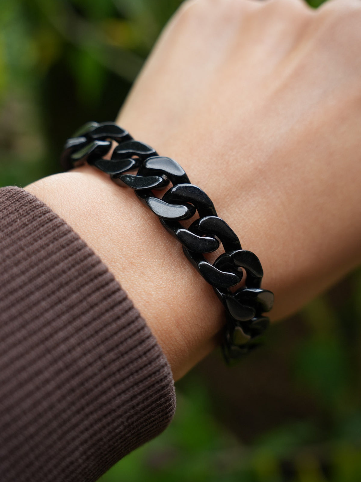 P2609001921 black-grey Type A jadeite carved chain bracelet with stainless steel clasp