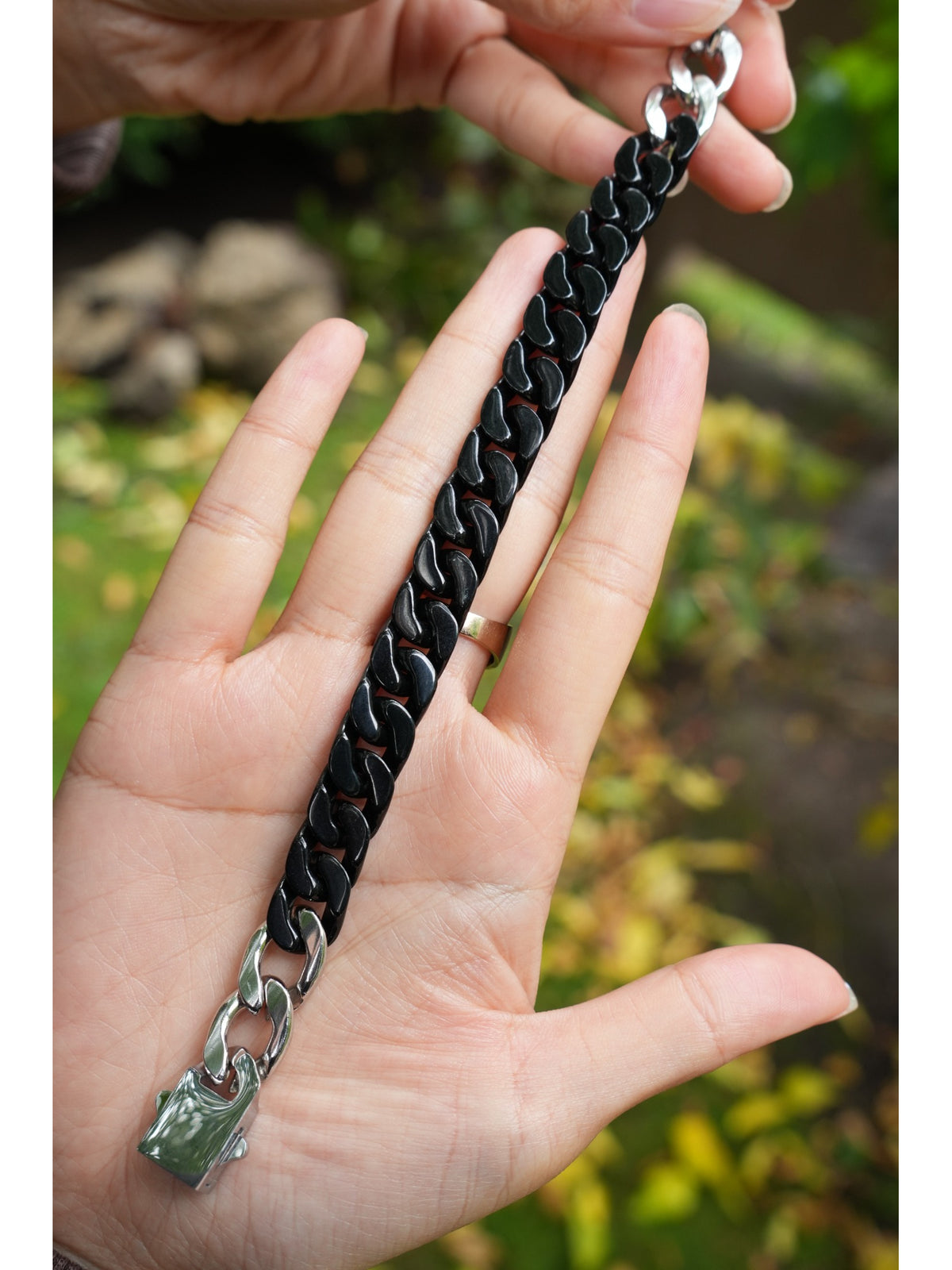 P2609001921 black-grey Type A jadeite carved chain bracelet with stainless steel clasp