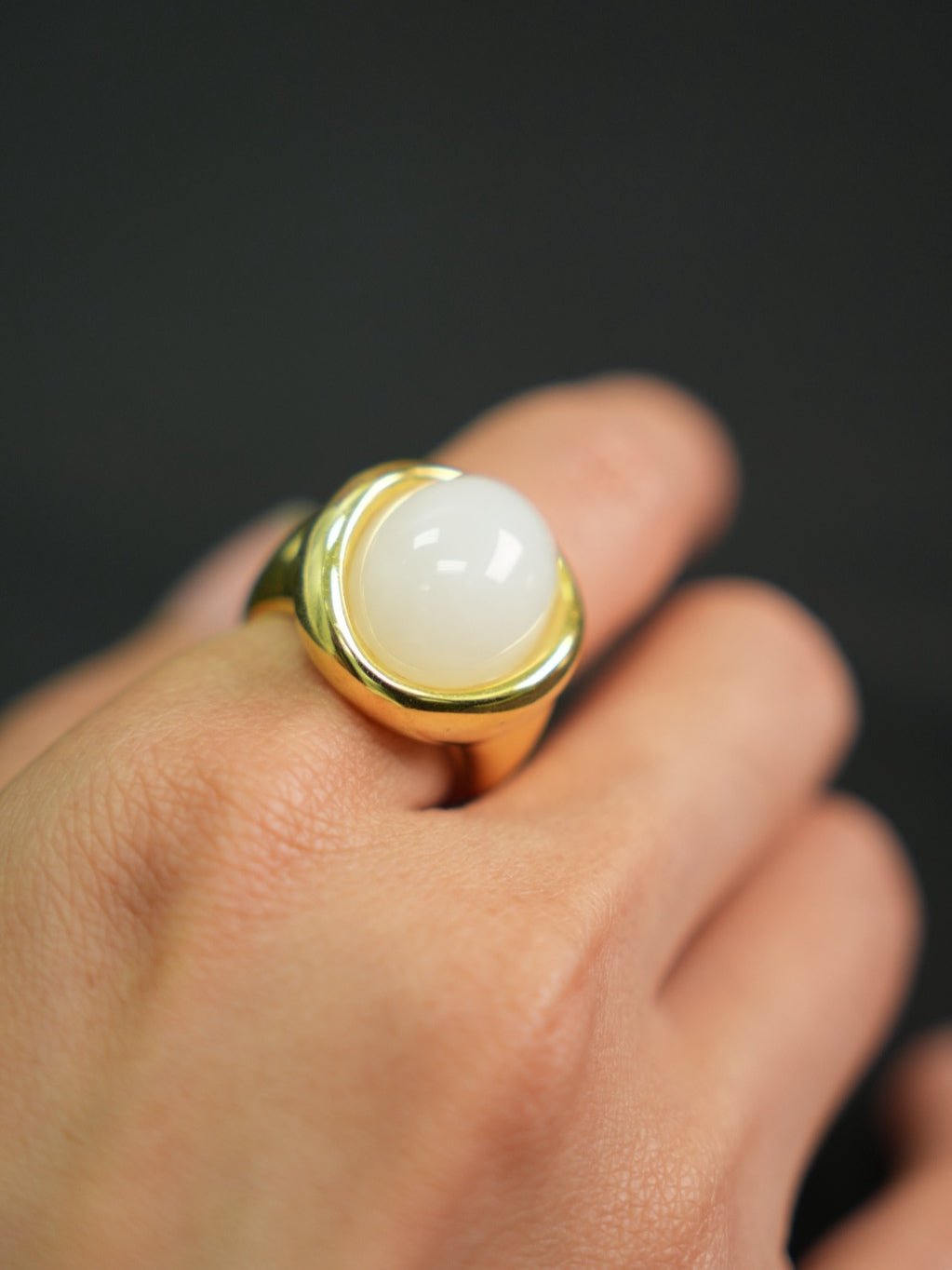 P2609002911 white Hetian nephrite jade ring in a gold-tone silver setting
