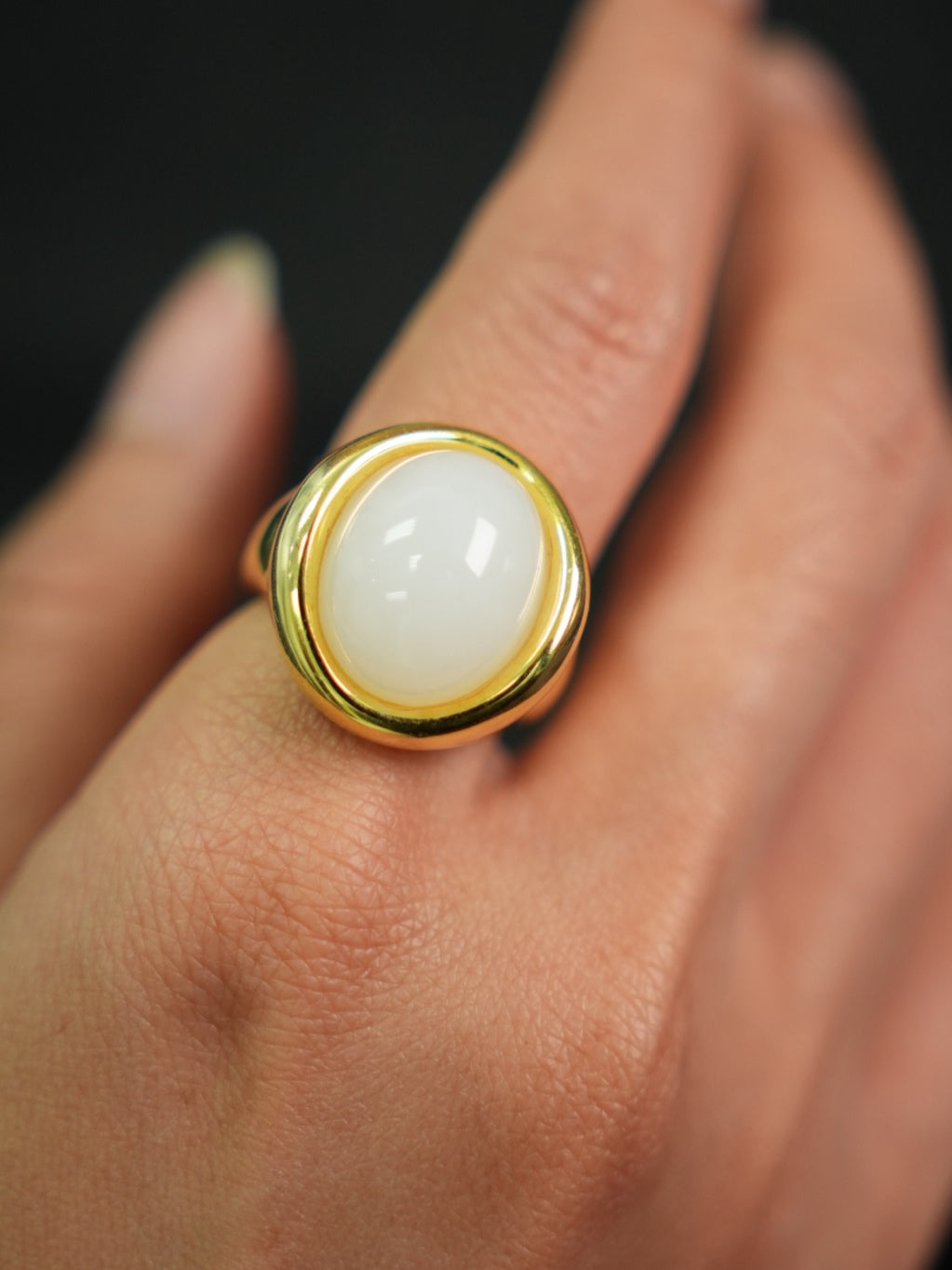 P2609002911 white Hetian nephrite jade ring in a gold-tone silver setting