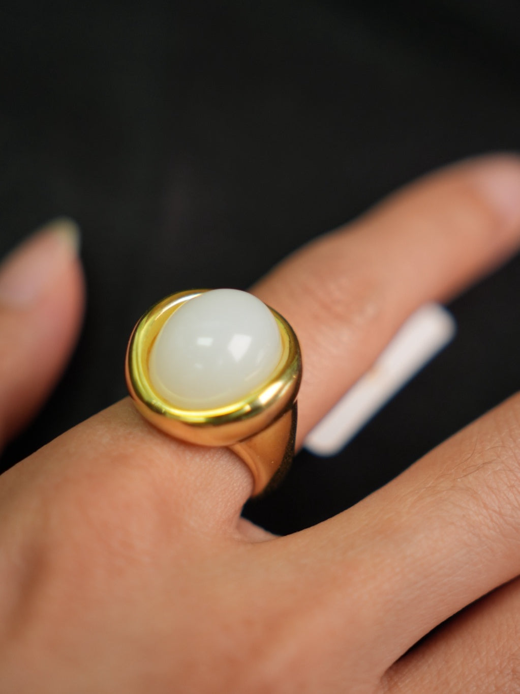 P2609002911 white Hetian nephrite jade ring in a gold-tone silver setting