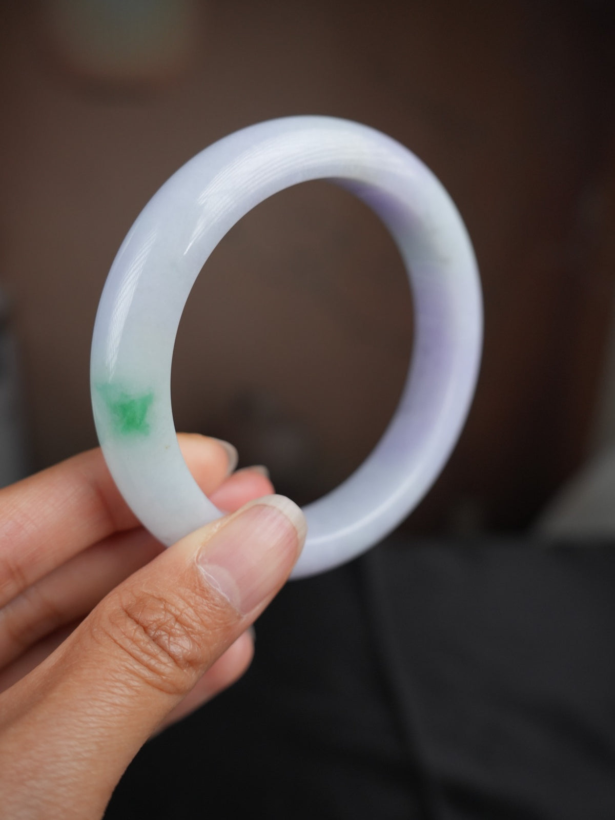 Pale lavender Type A jadeite bangle with green accent, view 2