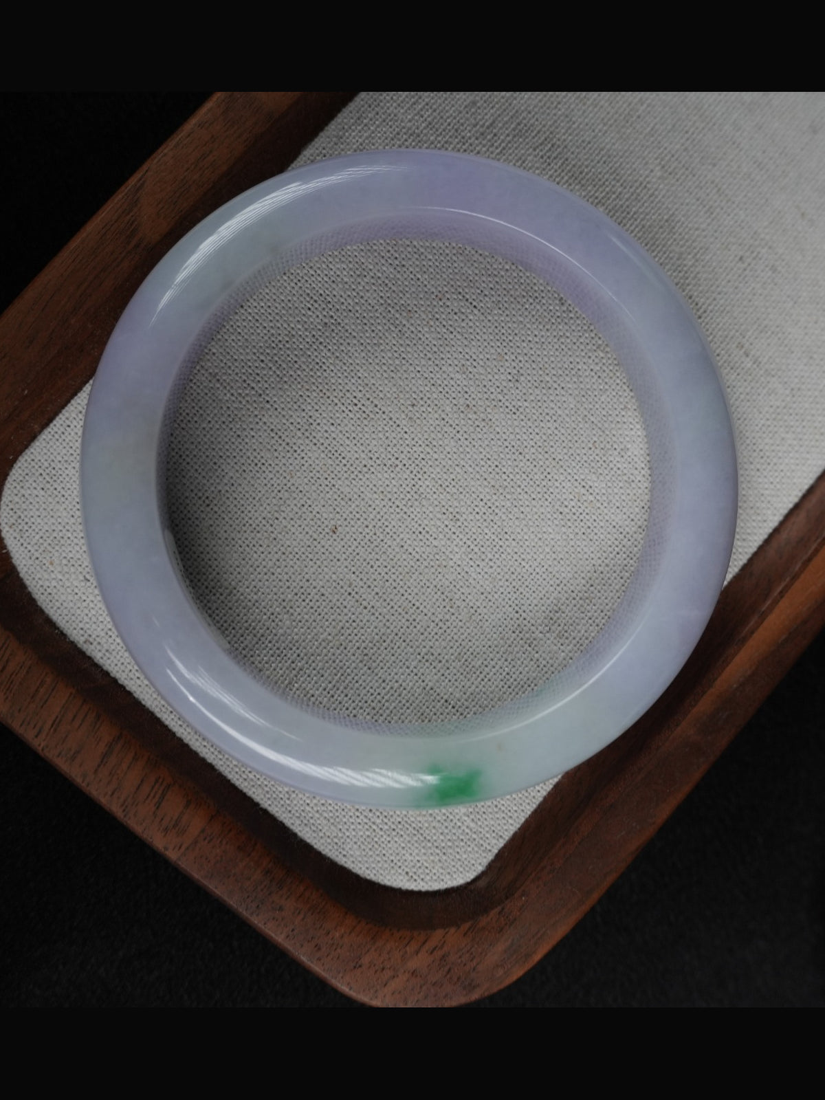 Pale lavender Type A jadeite bangle with green accent, view 4