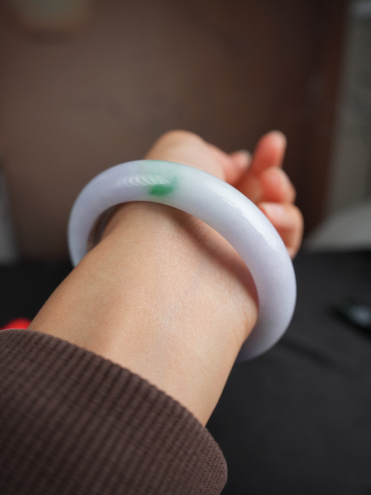 Pale lavender Type A jadeite bangle with green accent, view 7