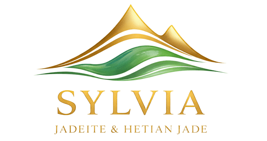 Logo with gold mountains and green base on a green background, featuring the brand 'SYLVIA'.