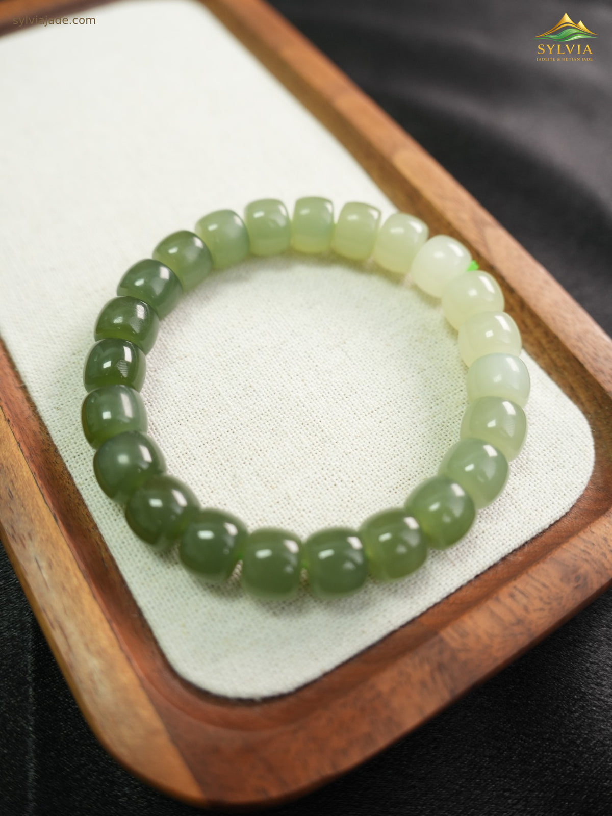 Green gradient Hetian nephrite jade barrel-bead bracelet XJZZ26092801535, DSC00660