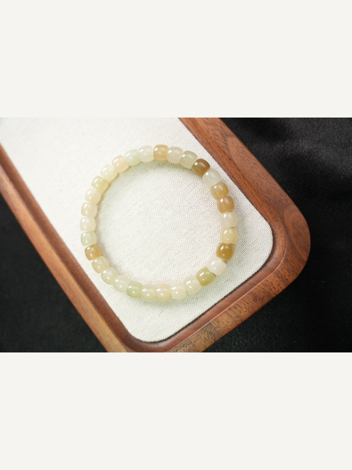 Pale yellow-green Hetian nephrite jade barrel bead bracelet XJZZ26092801554, view 646