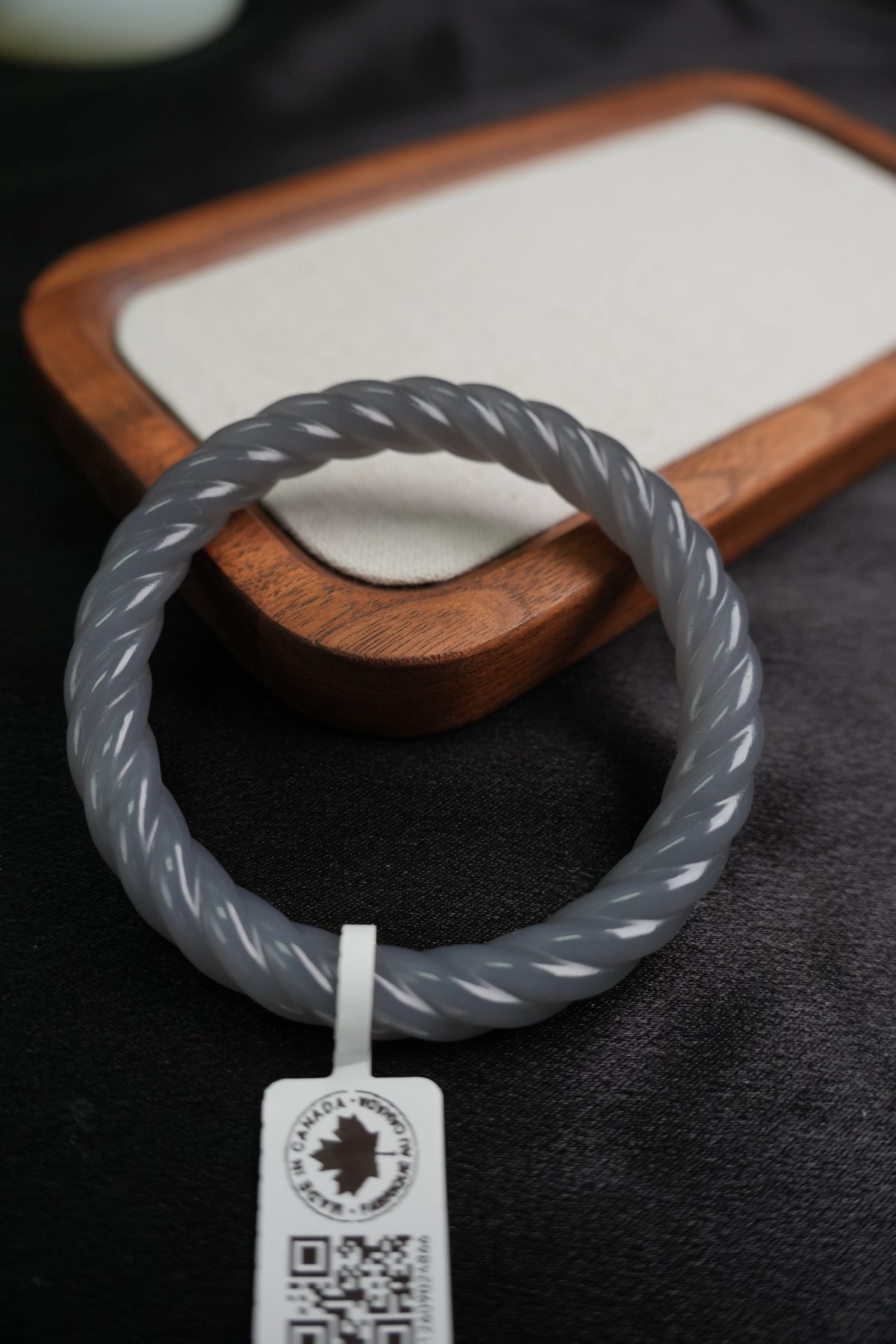 58 mm smoky lavender rope-carved Hetian nephrite jade bangle B12609024866, actual-piece detail view