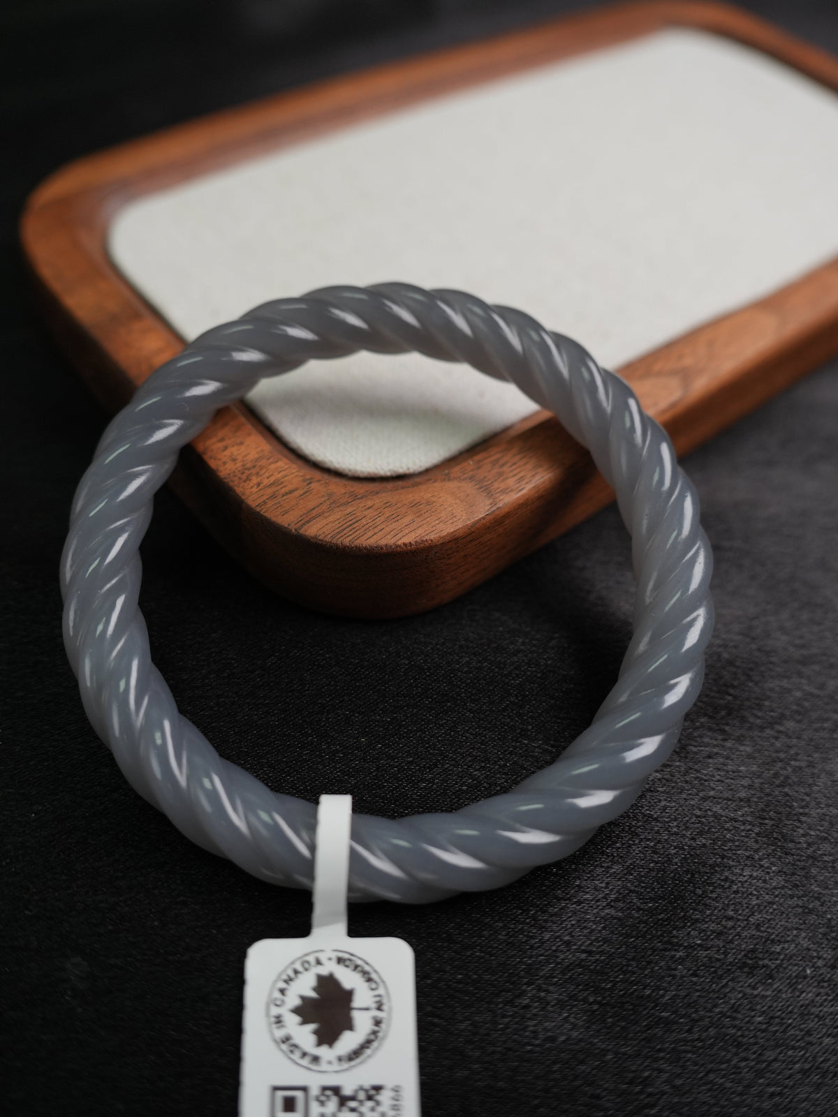 58 mm smoky lavender rope-carved Hetian nephrite jade bangle B12609024866, actual-piece detail view