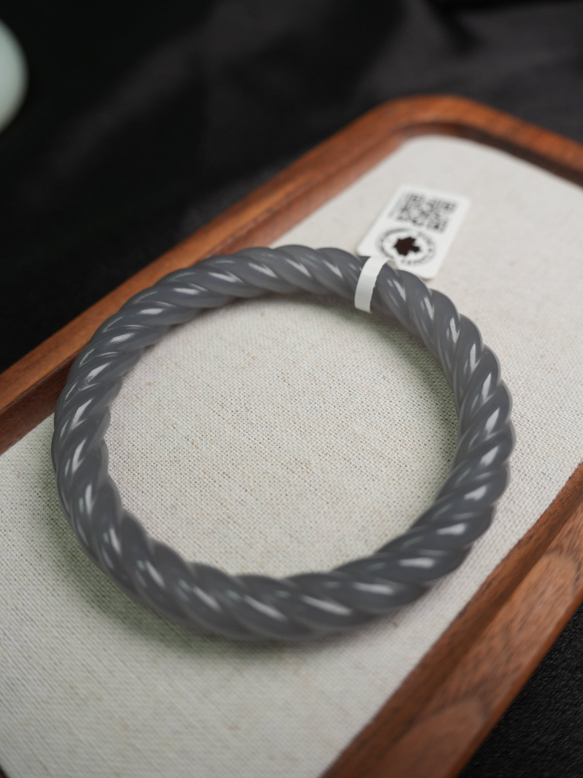 58 mm smoky lavender rope-carved Hetian nephrite jade bangle B12609024866, actual-piece detail view