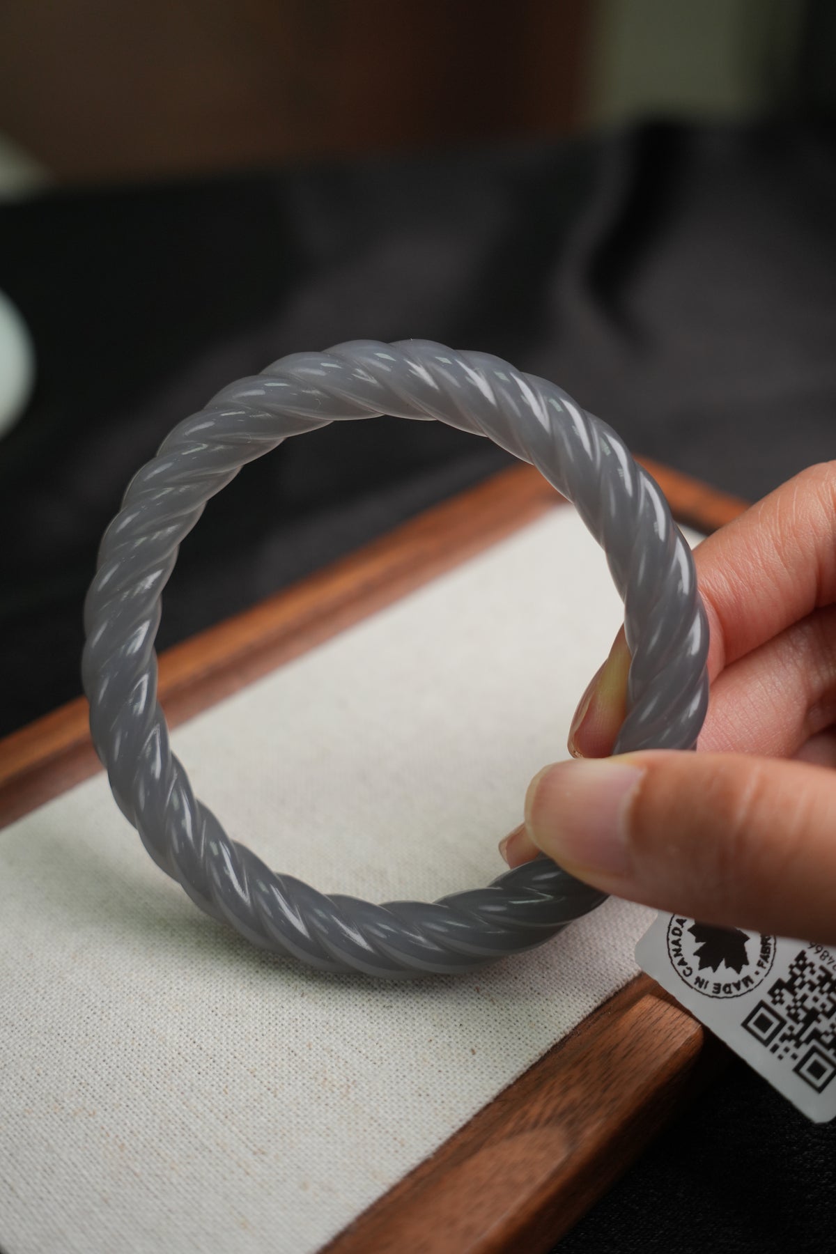 58 mm smoky lavender rope-carved Hetian nephrite jade bangle B12609024866, actual-piece detail view