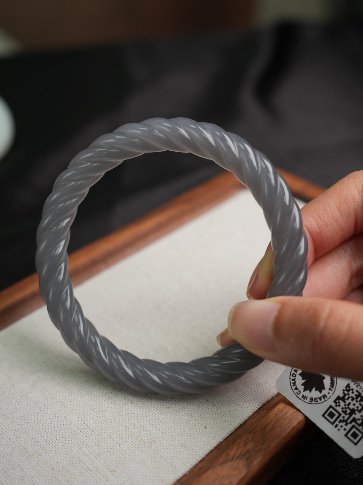 58 mm smoky lavender rope-carved Hetian nephrite jade bangle B12609024866, actual-piece detail view