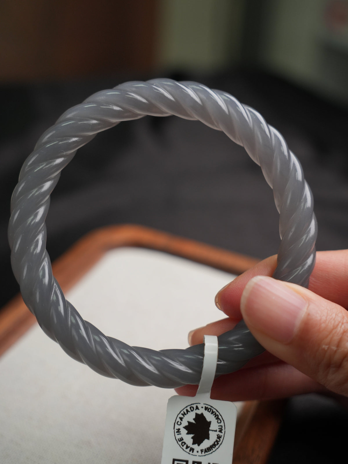 58 mm smoky lavender rope-carved Hetian nephrite jade bangle B12609024866, actual-piece detail view