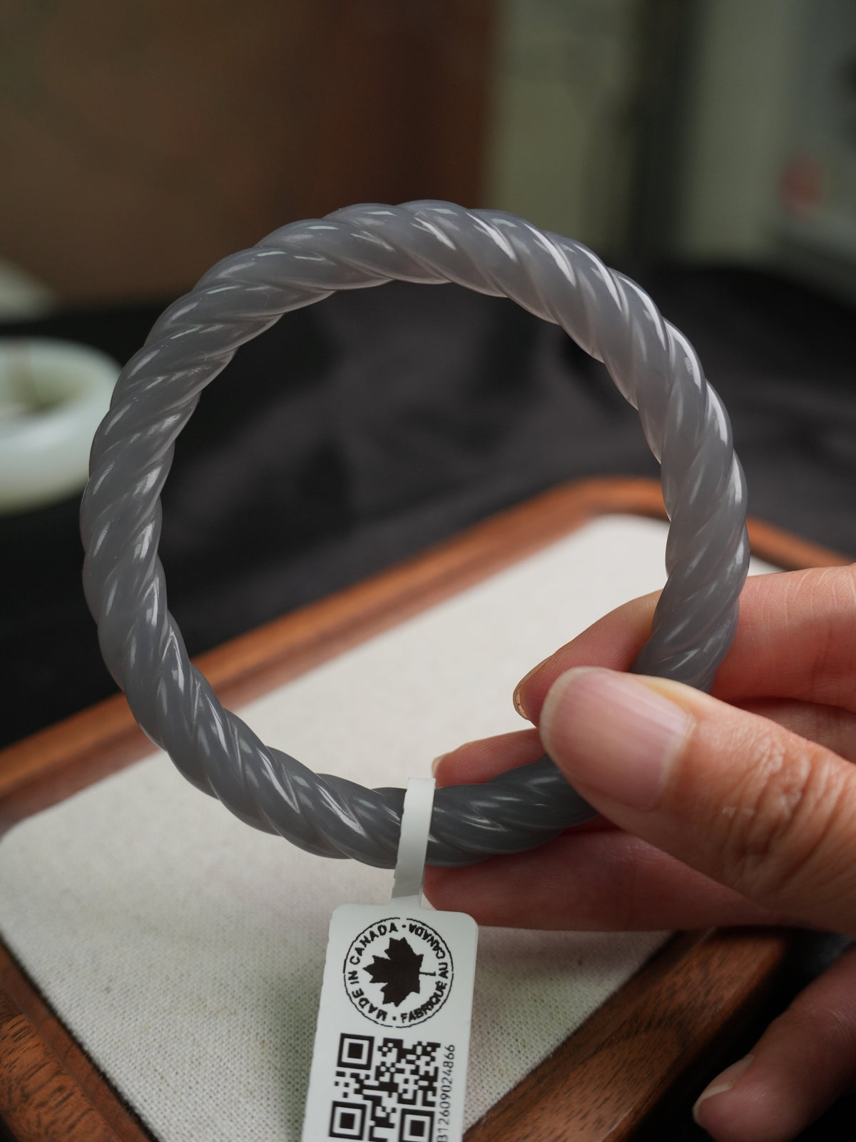 58 mm smoky lavender rope-carved Hetian nephrite jade bangle B12609024866, actual-piece detail view