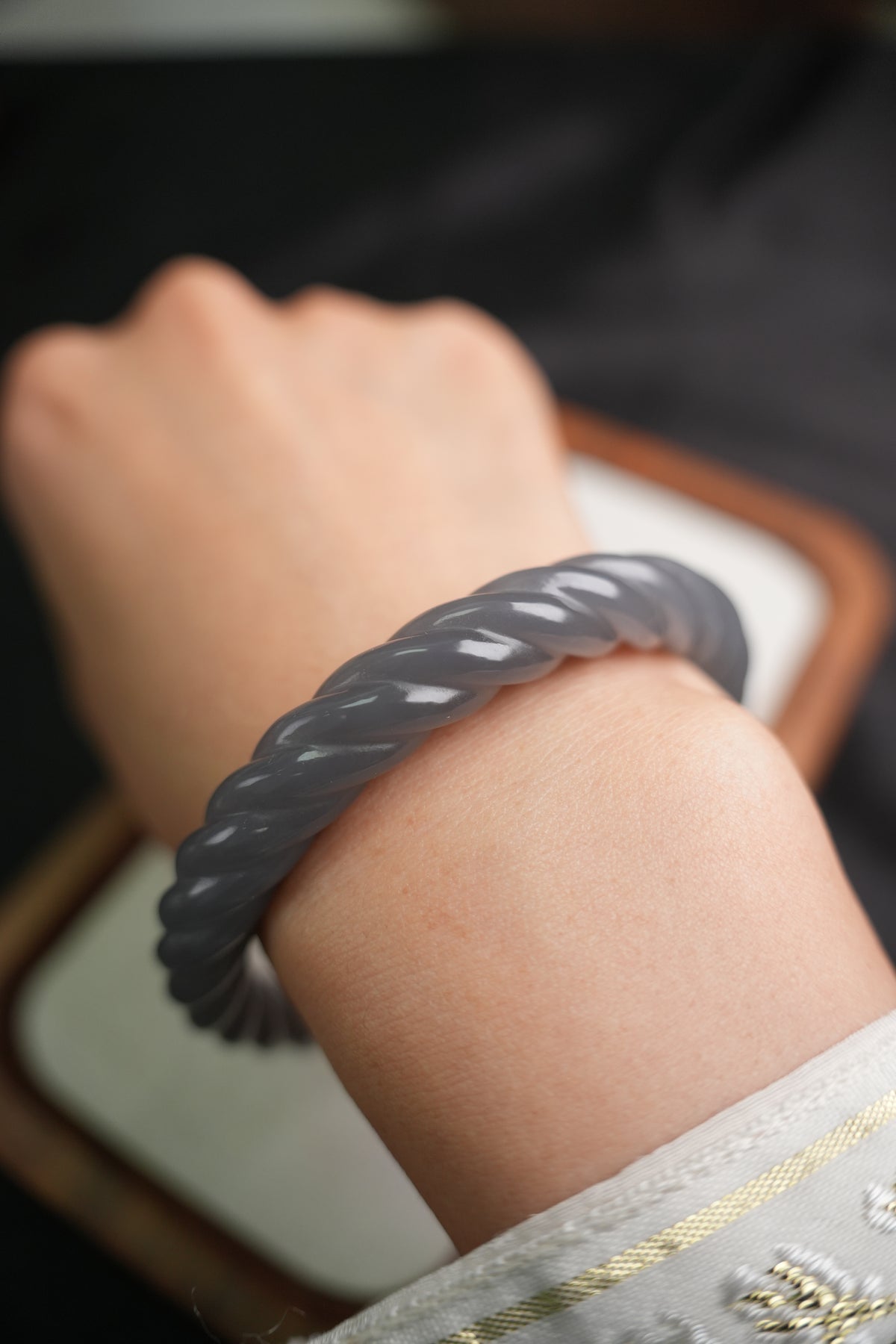 58 mm smoky lavender rope-carved Hetian nephrite jade bangle B12609024866, worn on wrist