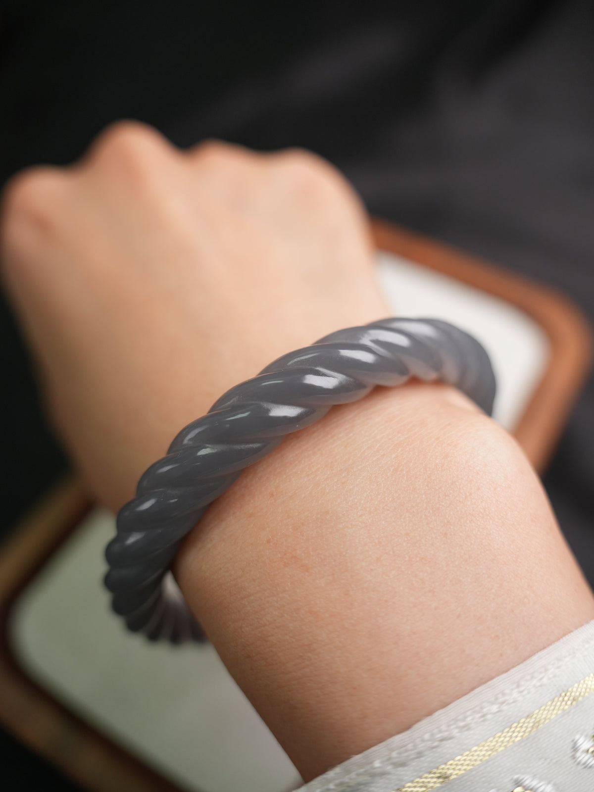 58 mm smoky lavender rope-carved Hetian nephrite jade bangle B12609024866, worn on wrist