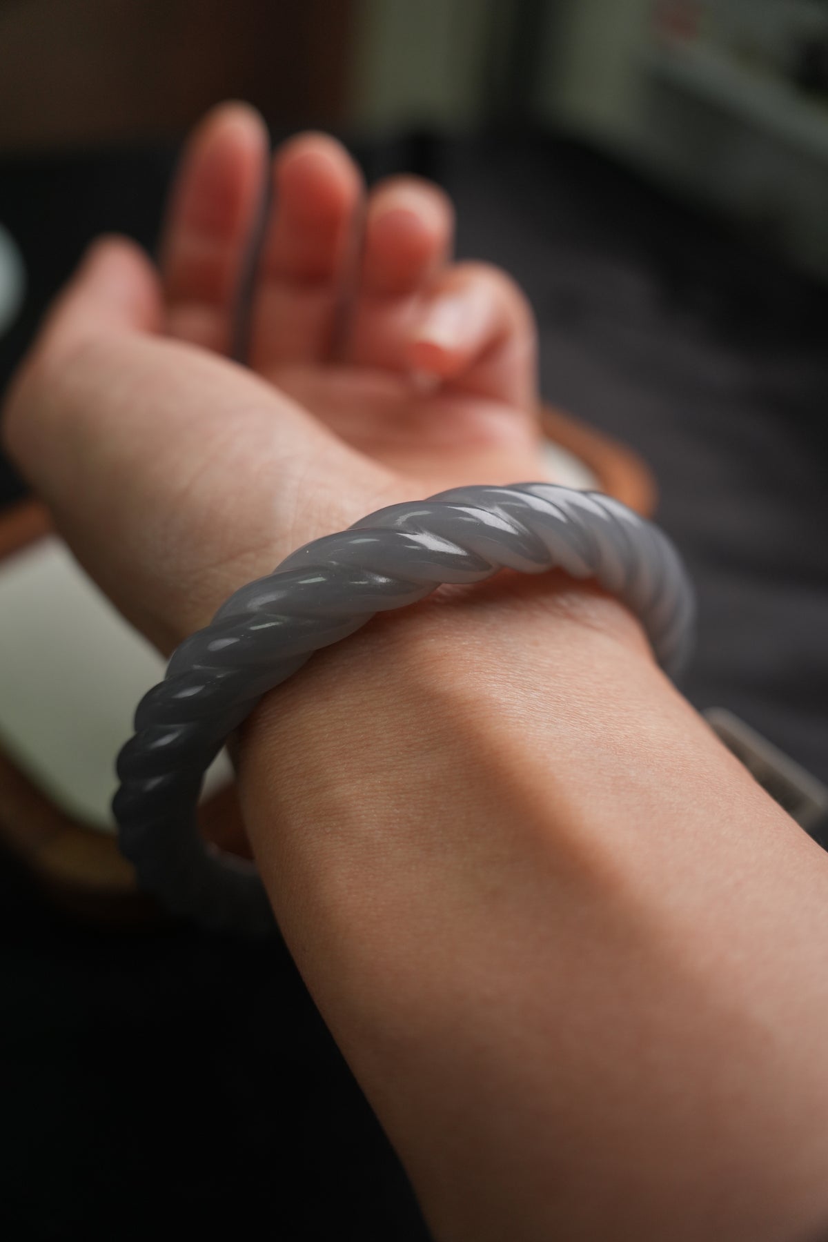 58 mm smoky lavender rope-carved Hetian nephrite jade bangle B12609024866, worn on wrist