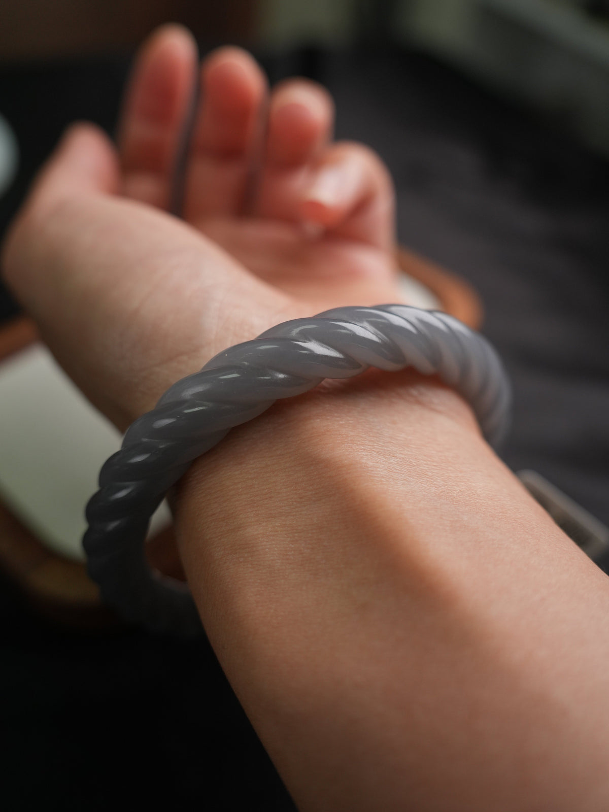 58 mm smoky lavender rope-carved Hetian nephrite jade bangle B12609024866, worn on wrist