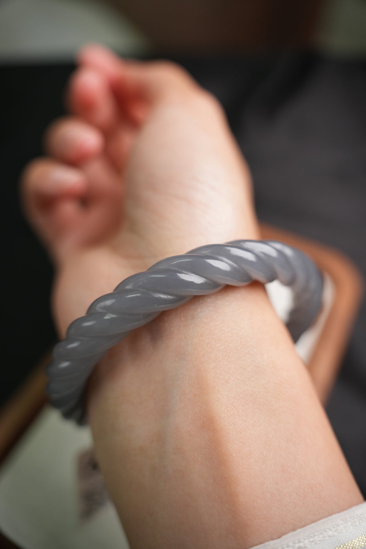 58 mm smoky lavender rope-carved Hetian nephrite jade bangle B12609024866, worn on wrist