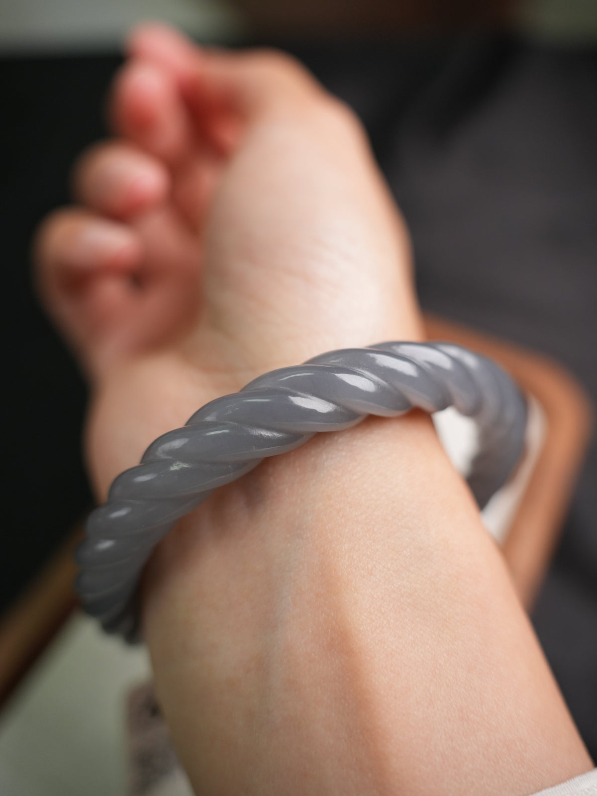 58 mm smoky lavender rope-carved Hetian nephrite jade bangle B12609024866, worn on wrist