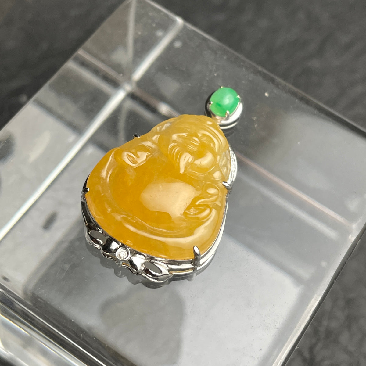 Amber Joy – Golden Jadeite Laughing Buddha Pendant