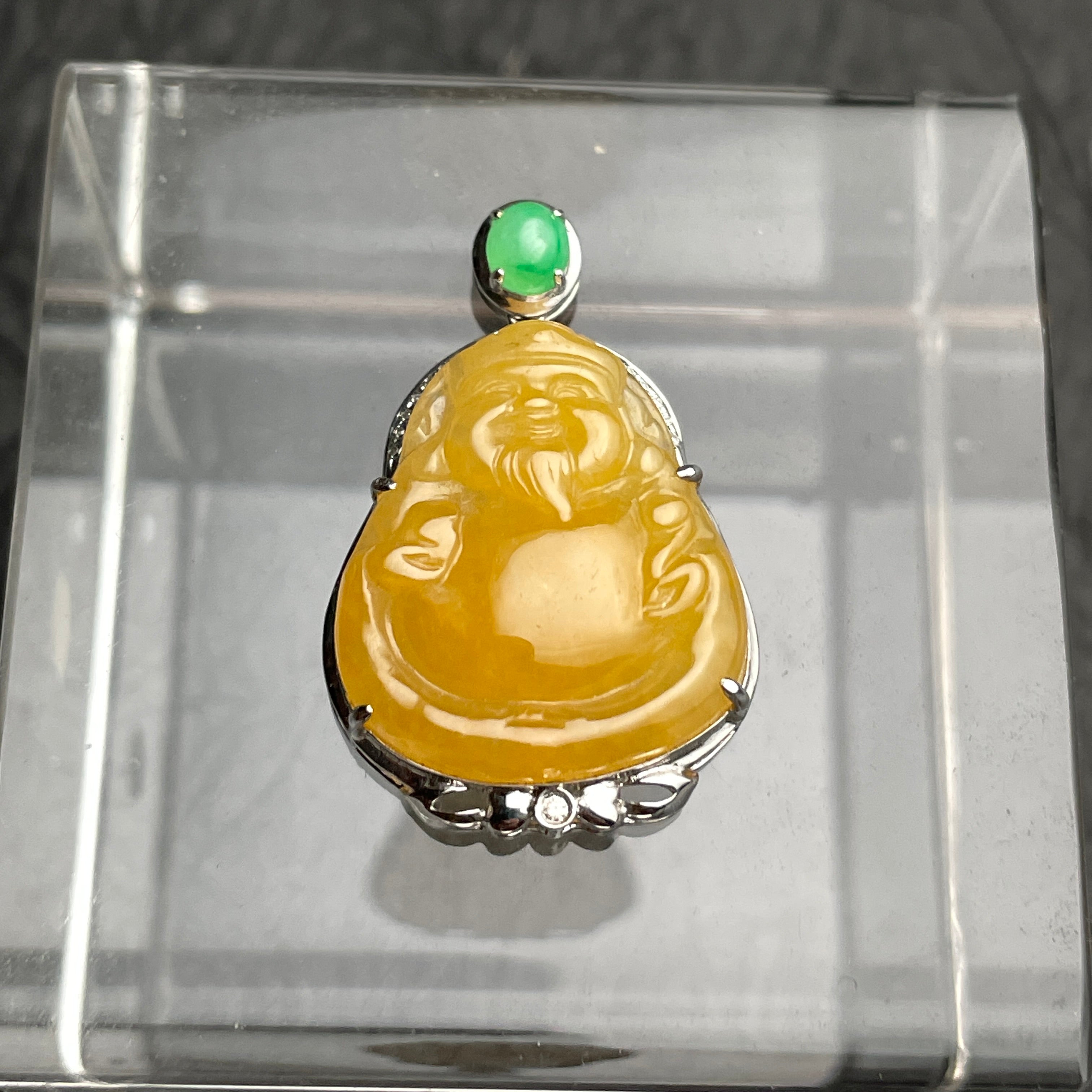 Amber Joy – Golden Jadeite Laughing Buddha Pendant
