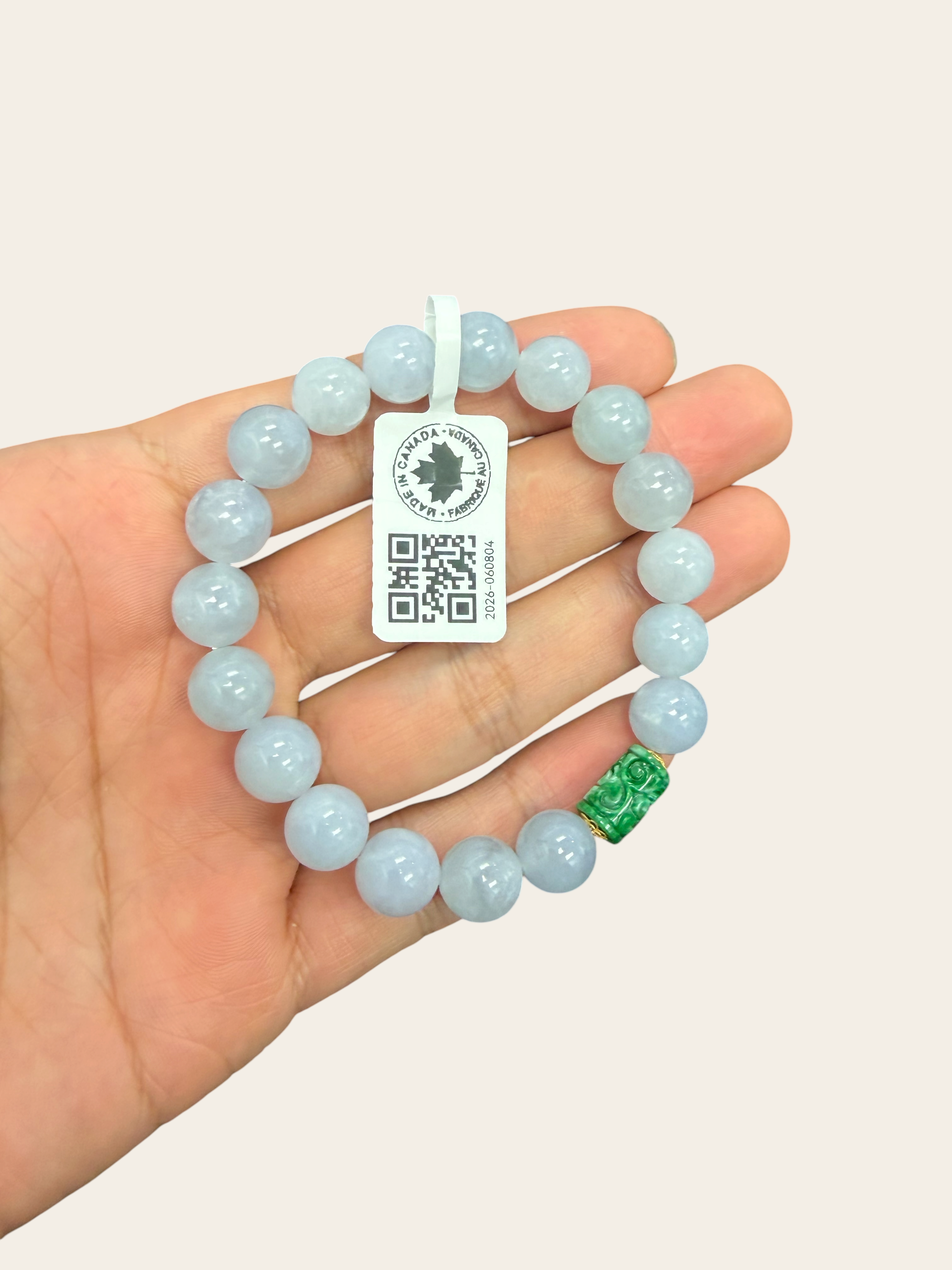 Celestial Harmony – Lavender Jadeite Bead Bracelet with Imperial Green Lu-Lu-Tong