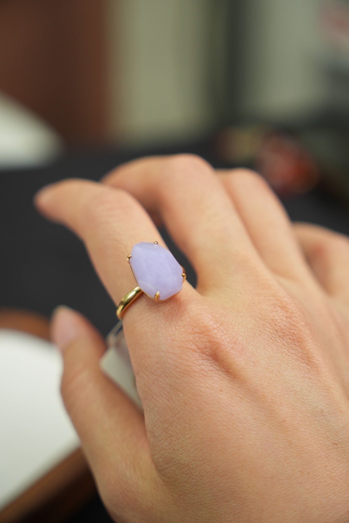 Lavender freeform jadeite ring in 18K gold, actual piece ZGD202510170279