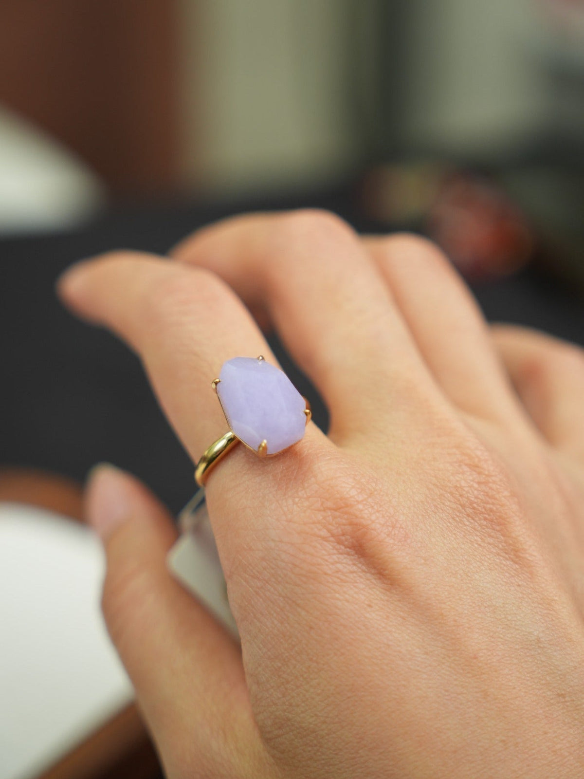 Lavender freeform jadeite ring in 18K gold, actual piece ZGD202510170279