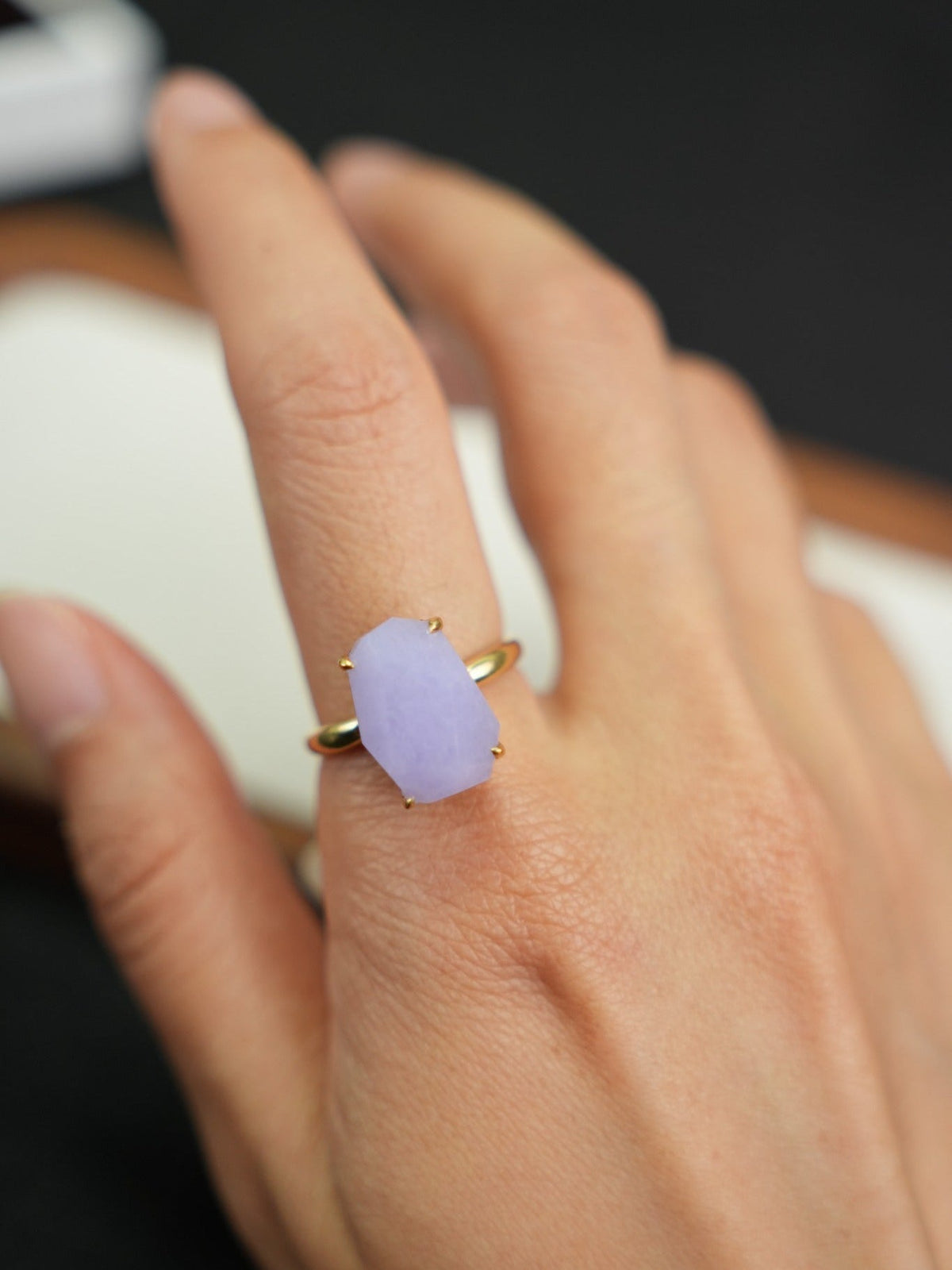Lavender freeform jadeite ring in 18K gold, actual piece ZGD202510170279