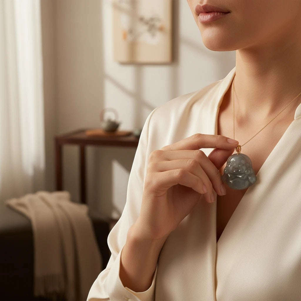 Sylvia Jewelry 18k金镶嵌紫罗兰色和田玉笑佛吊坠,象征好运与平和。