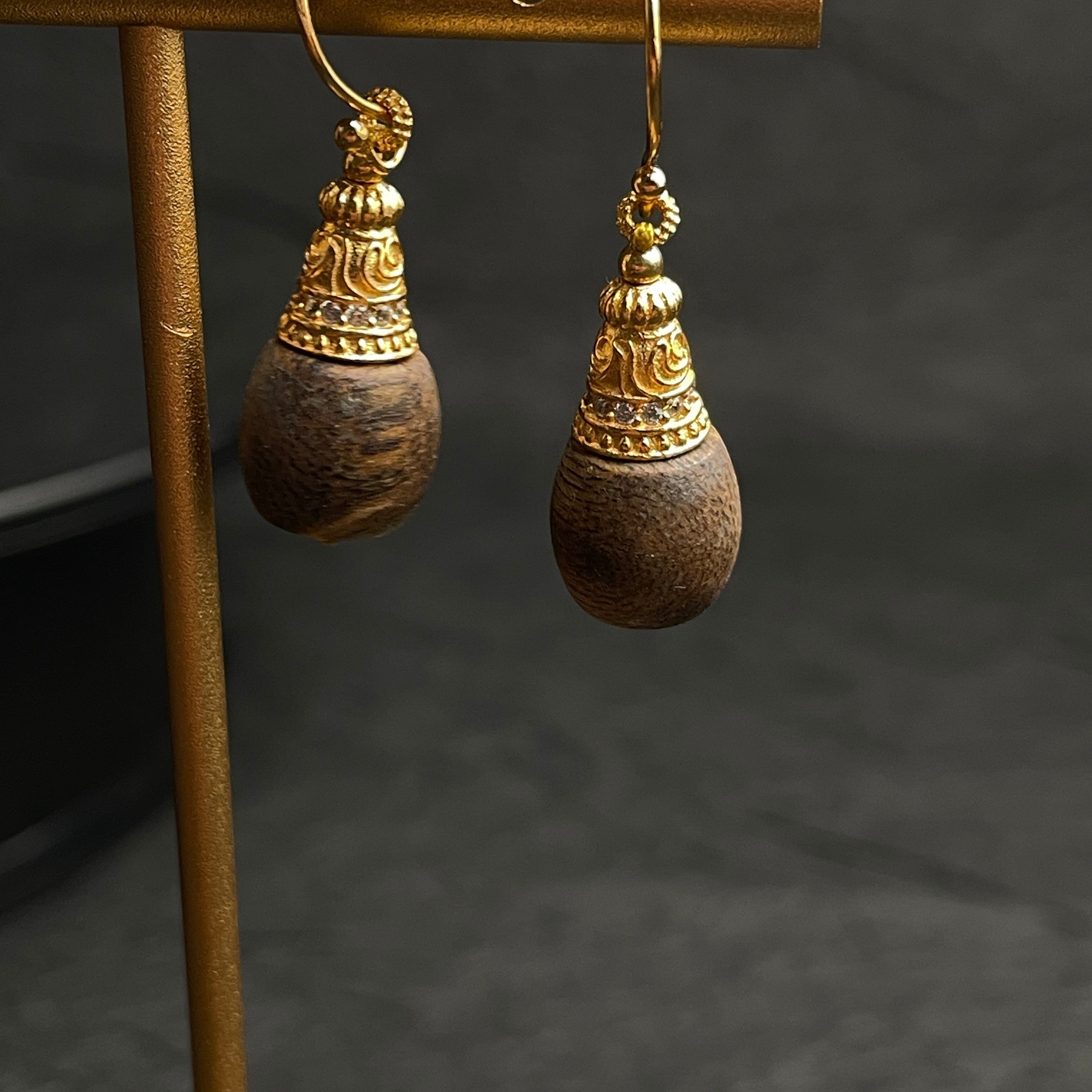 Sylvia Jewelry Zen Drop earrings featuring natural agarwood droplets with crystal-paved gold filigree caps on wire hooks