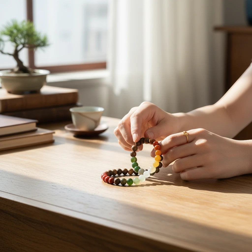 Sylvia Jewelry multi-wrap bracelet featuring natural agarwood and multi-colored Hetian nephrite jade beads on a desk.