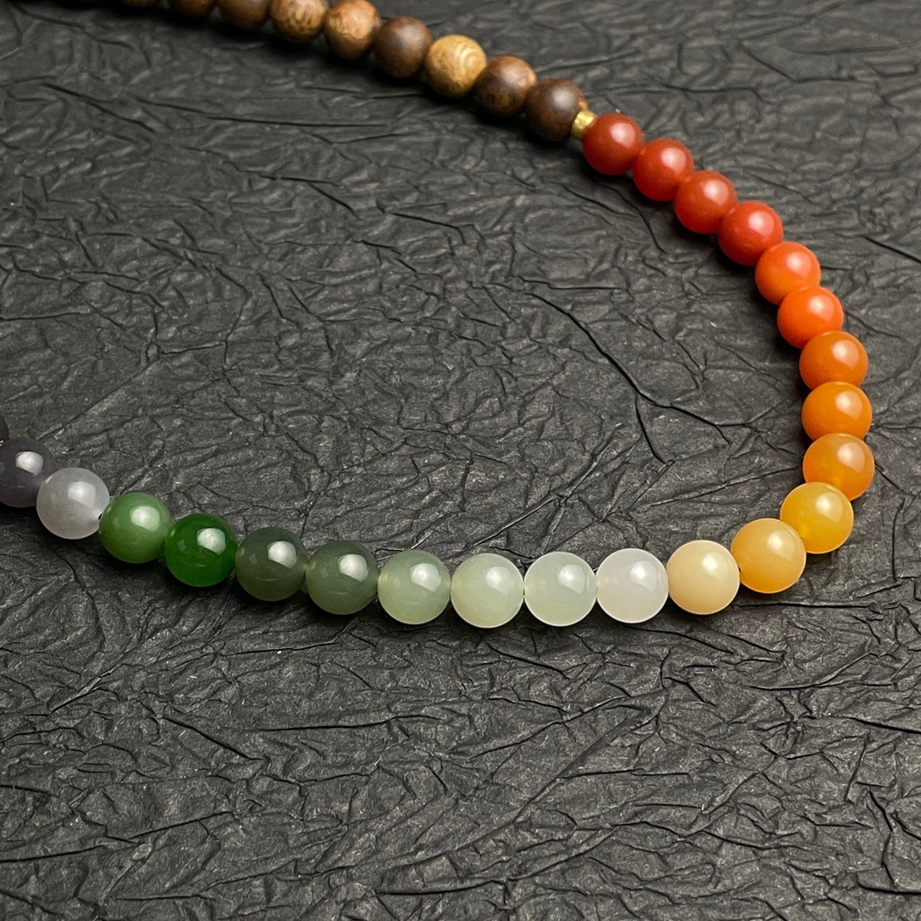 Sylvia Jewelry multi-wrap bracelet featuring natural agarwood beads and a gradient of multi-colored Hetian nephrite jade.