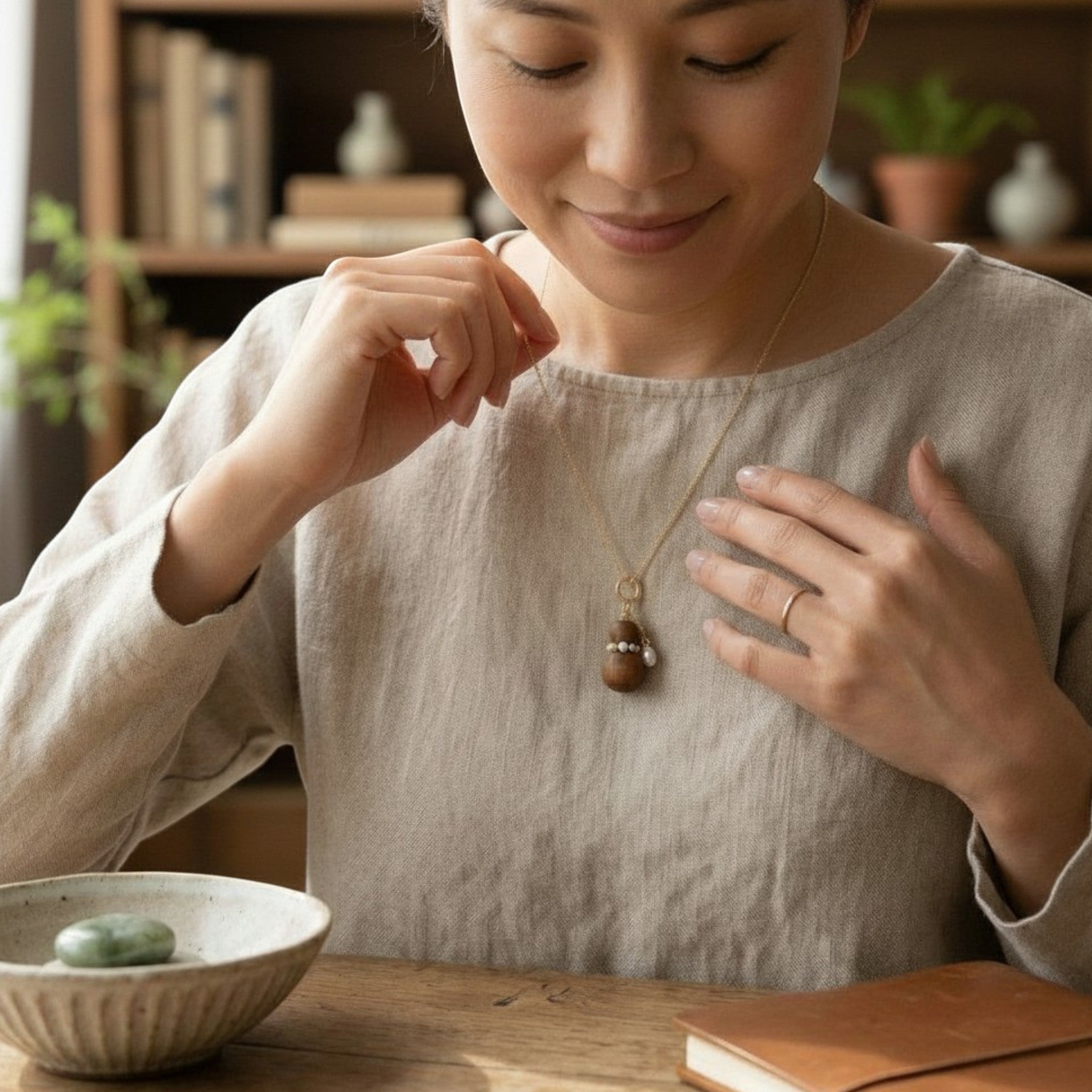 Sylvia Jewelry aromatic agarwood Wu Lou charm necklace with turquoise and pearl accents worn by a woman.