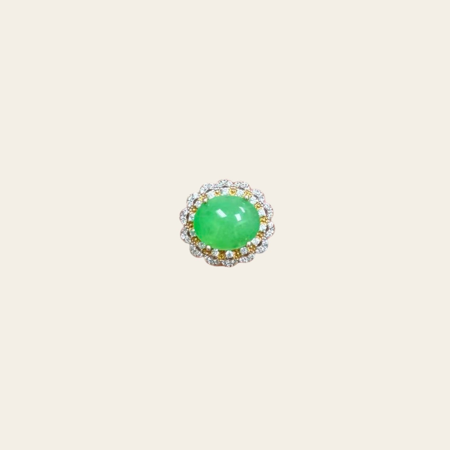 Sylvia Jewelry apple green jadeite halo ring in gold-plated sterling silver with vintage floral crystal setting.
