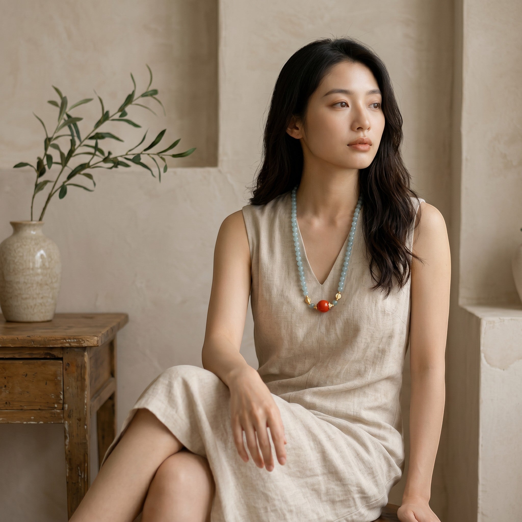 Sylvia Jewelry 浅蓝色珠子项链,中间有一颗醒目的橙红色珠子,金色配件点缀